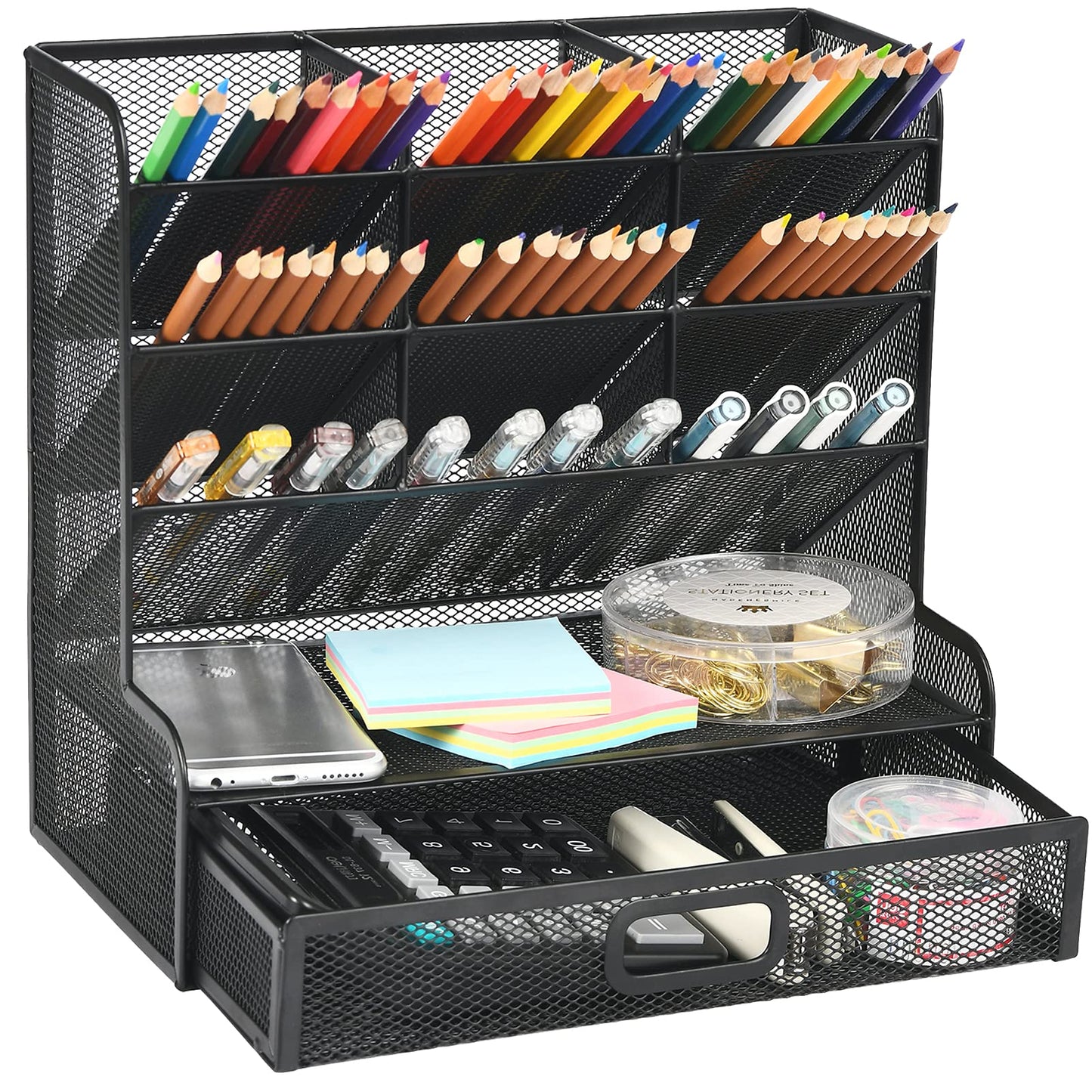 Marbrasse Mesh Pen Holder for Desk, Multi-Functional Pencil Organizer with Drawer, Desk Organizers and Accessories for Office Art Supplies (Black)