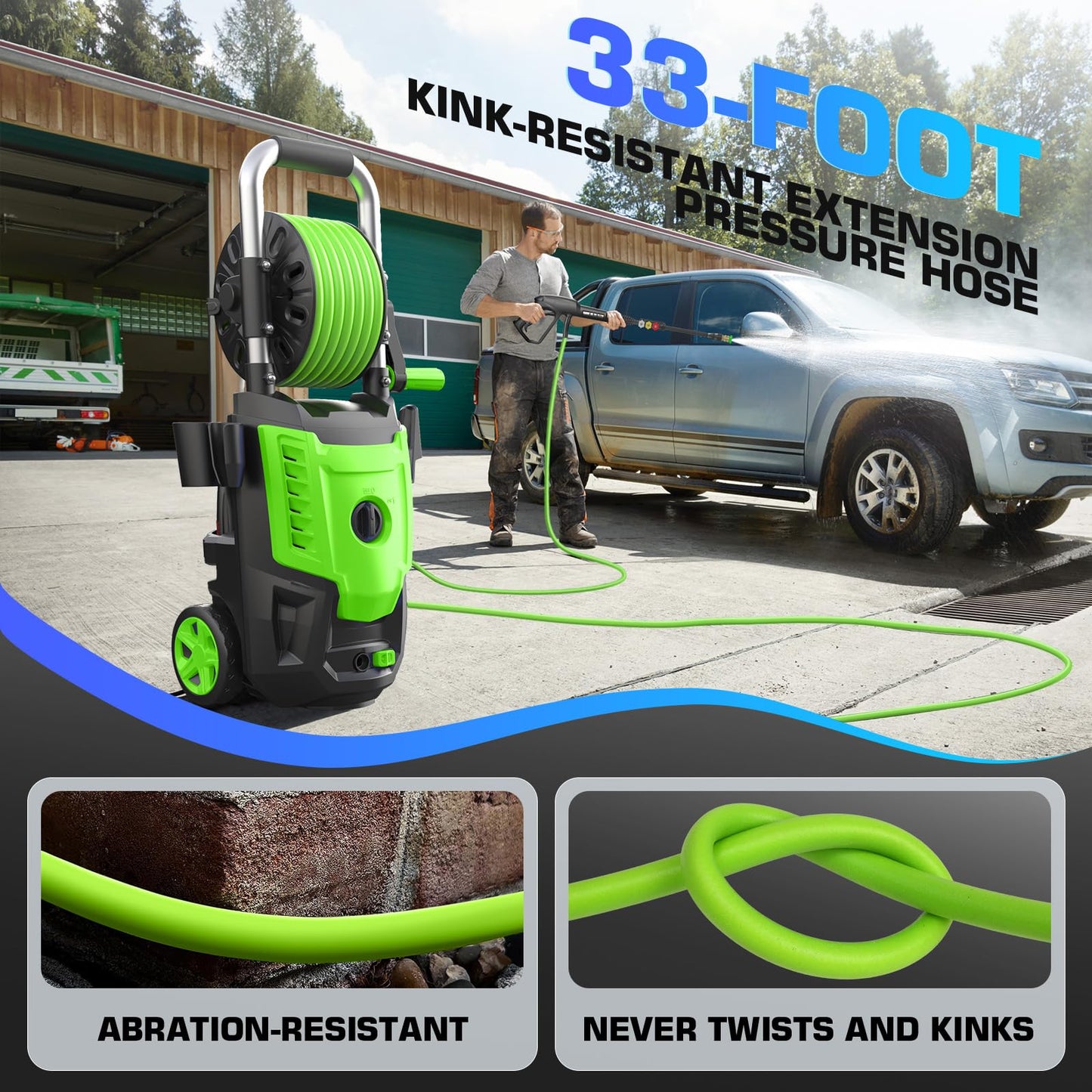5000PSI Pressure Washer- High Power Washer with 33FT Hose, 4 Nozzles and Foam Cannon, for Home, Cars, Fences, Patio (Green)