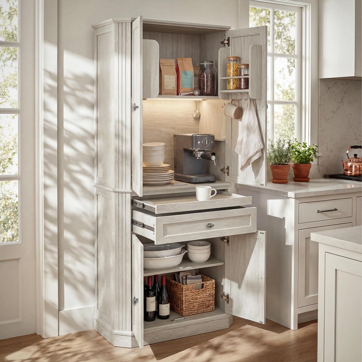 AMBERHAUS 72.2" Tall Kitchen Pantry Storage Cabinet with Doors, Farmhouse Storage Cabinet with Drawers, Adjustable Shelves and Pull-Out Shelves, White Wood Pantry Cupboard for Kitchen, Dining Room