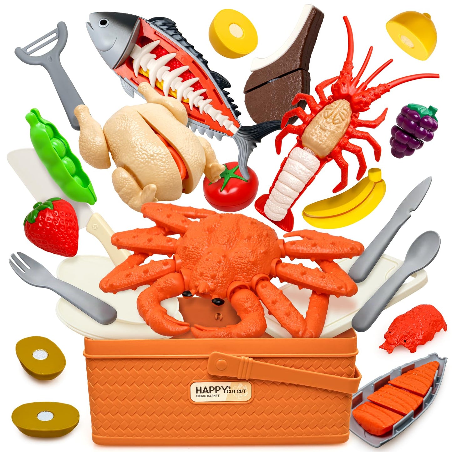 22pcs Play Seafood Cut Toys Set for Kids Play Kitchen, Montessori Toddler Kitchen Playset with Toy Food & Fake Fruit, Kitchen Set for Kids & Toddler Cutting Set, Kitchen Toys for Boys Girls Ages 3 4 5