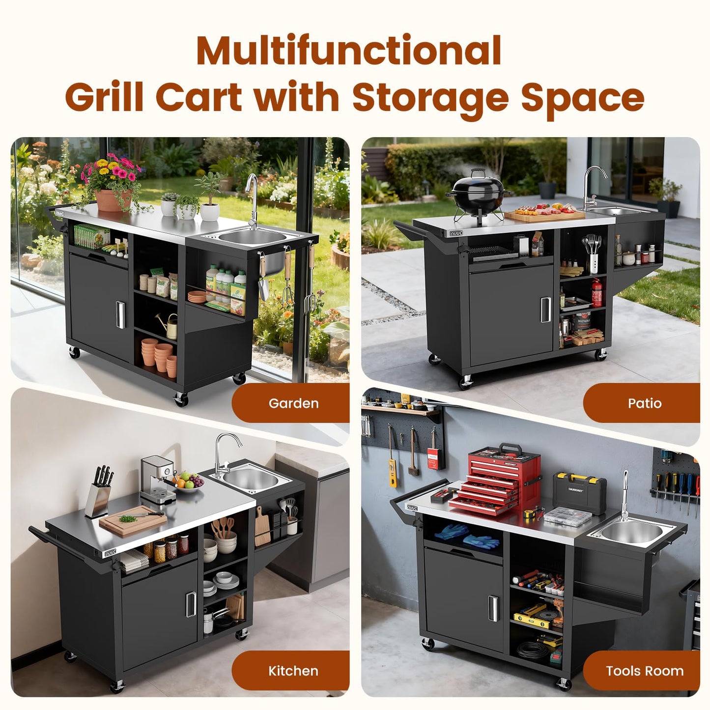 NUUK Outdoor Grill Cart on Wheel, Pizza Oven Table with Sink & Storage, 20"x42" Stainless Steel Prep Table Kitchen Island Cabinet for Backyard BBQ