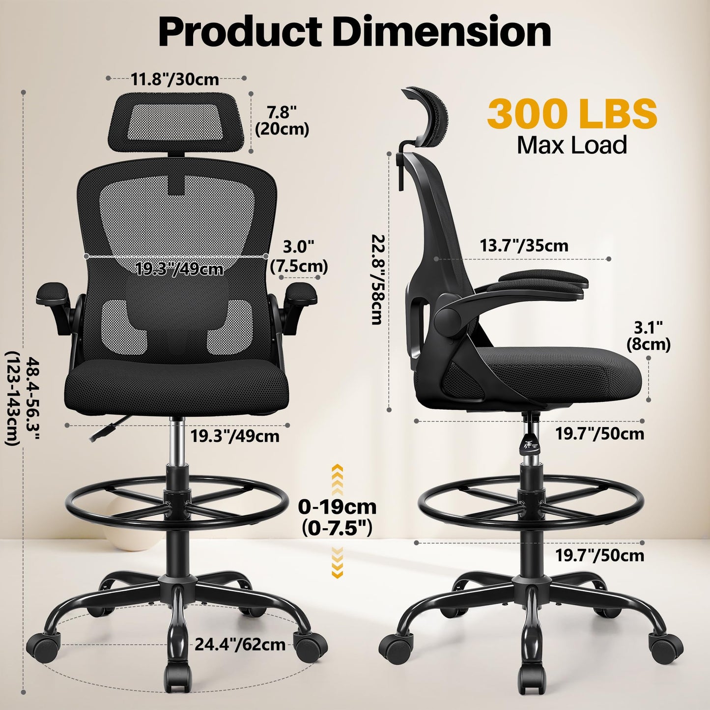 FINATI Drafting Chair, Tall Office Chair for Standing Desk, Ergonomic High Back with Headrest, Lumbar Support, Foot Ring and Flip-up Armrests, Black