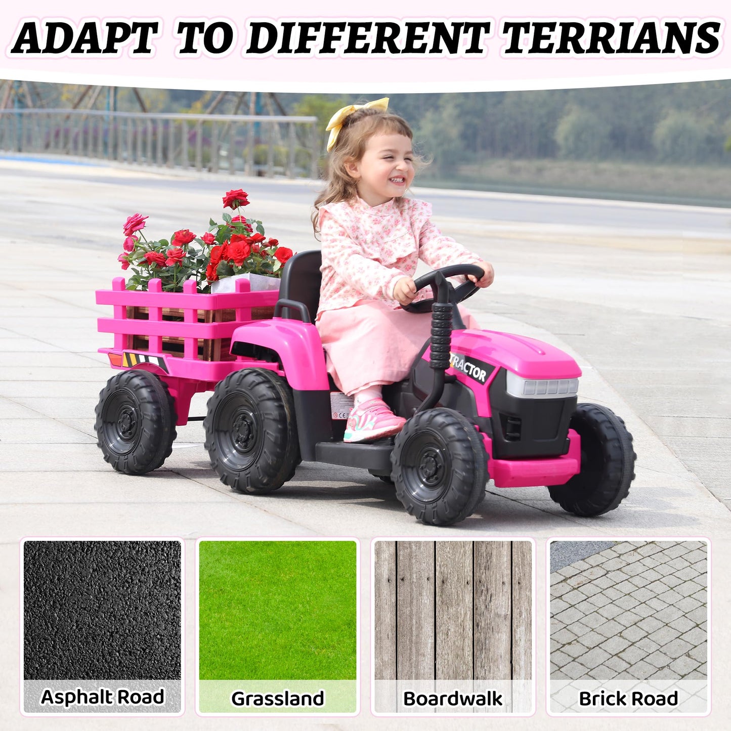 TOBBI Kids Electric Ride On Toy Tractor, Toddlers 12V Battery-Powered Car to Drive, 35W Dual Motor 6-Wheels Trailer Vehicle with 3-Speeds/LED & Horn Functions for Chirdren Aged 3-6-Pink