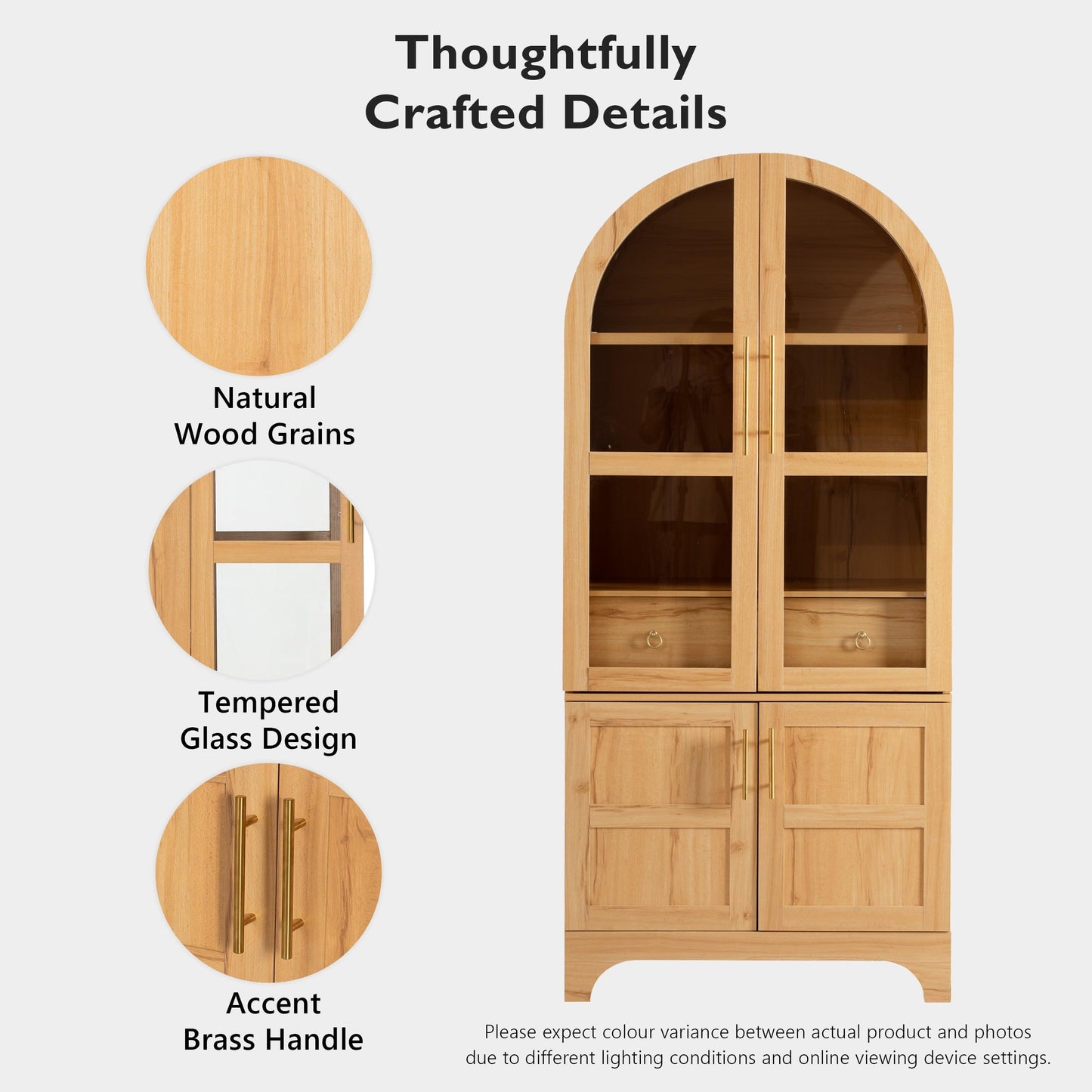 Erteliza 71" Farmhouse Arched Storage Cabinet with Glass Doors & Hidden Drawer, Tall Arched Cabinet with Adjustable Shelves, Kitchen Pantry Cupboard for Dining Room, Natural