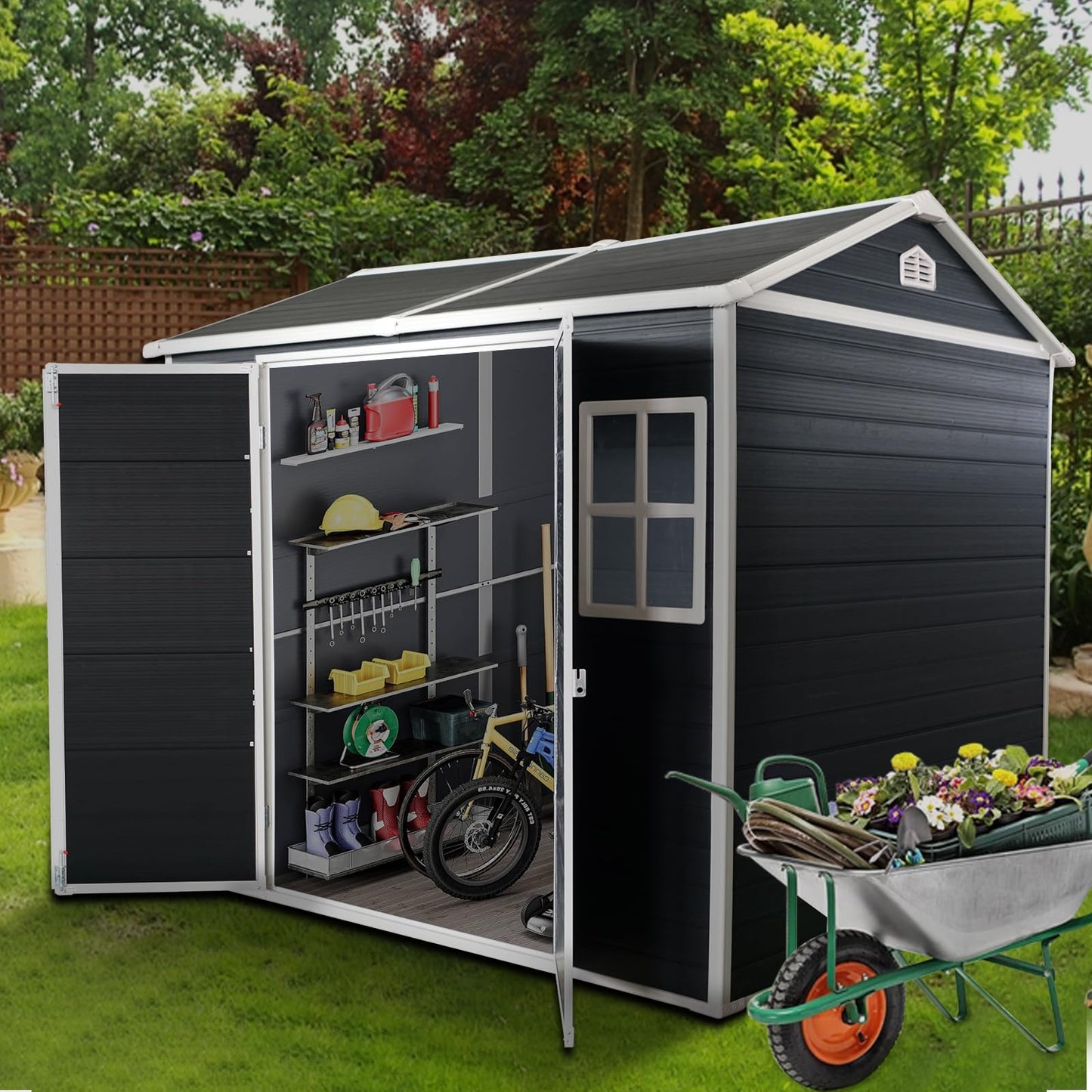KEIKI 8x4FT Outdoor Resin Garden Shed with Floor and 2 Windows, Waterproof Plastic Tool Storage with Lockable Door for Garden Tools, Bicycles, Trash Cans, Black