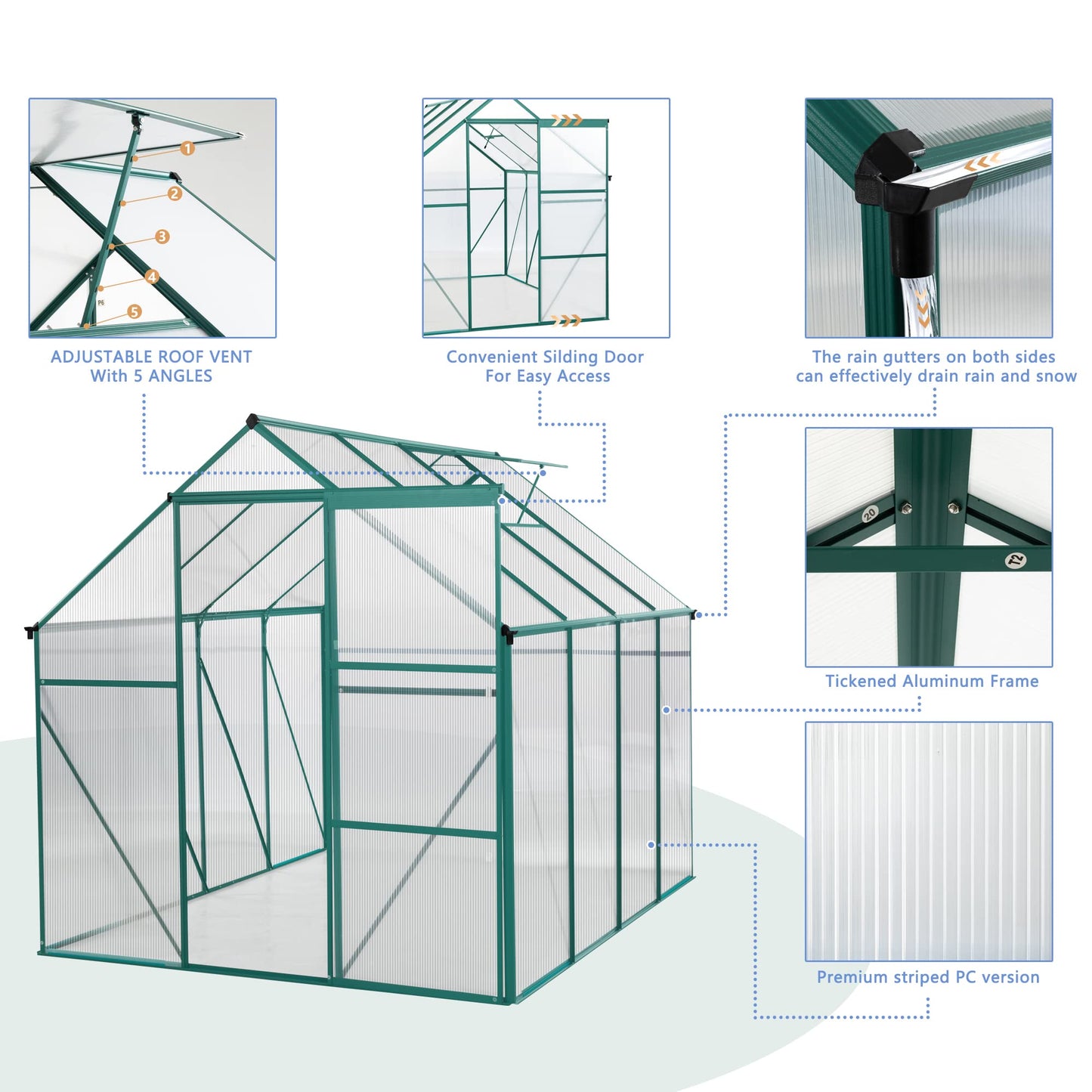 GLANZEND 6x8FT Polycarbonate Walk-in Greenhouses, Heavy Duty Hobby Green House, Storage Shed with Sliding Doors & Adjustable Roof Vent, Aluminum Sunroom Hot House for Outdoor Garden Backyard