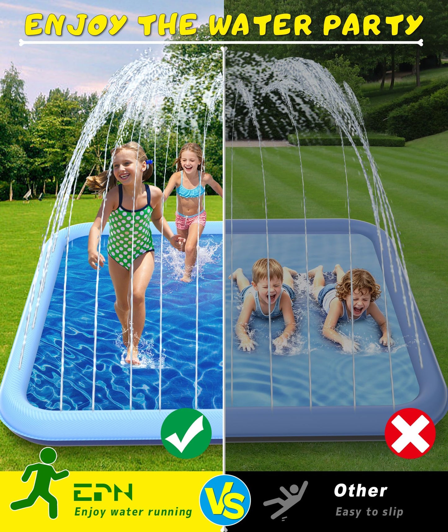 EPN Splash Pad, 155"- 110.24" Size Extra Large Sprinkler Play Mat for Dogs & Kids, Thicker Wading Pool Summer Outdoor Water Toys, Fun Backyard Fountain Play Pad for 3 Age+ Girls Boys Children & Pets