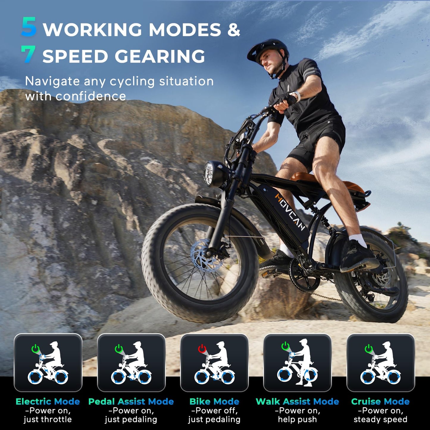 Movcan V60/V60 Pro Electric Bike, 48V 15.6/18.2Ah Removable Battery 20” Fat Tire Electric Bike, 1000/1500W Motor 30/33MPH Top Speed Electric Motorcycle, for Commute/Offroad/School/Rain/Snow Riding.
