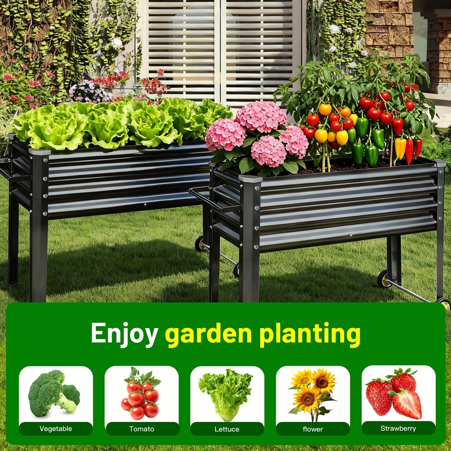 Land Guard 2 Pack Galvanized Raised Garden Bed with Legs & Wheels, 48×18×32in Metal Elevated Raised Planter Box for Backyard, Patio, Balcony, 500lb Capacity, Dark Grey