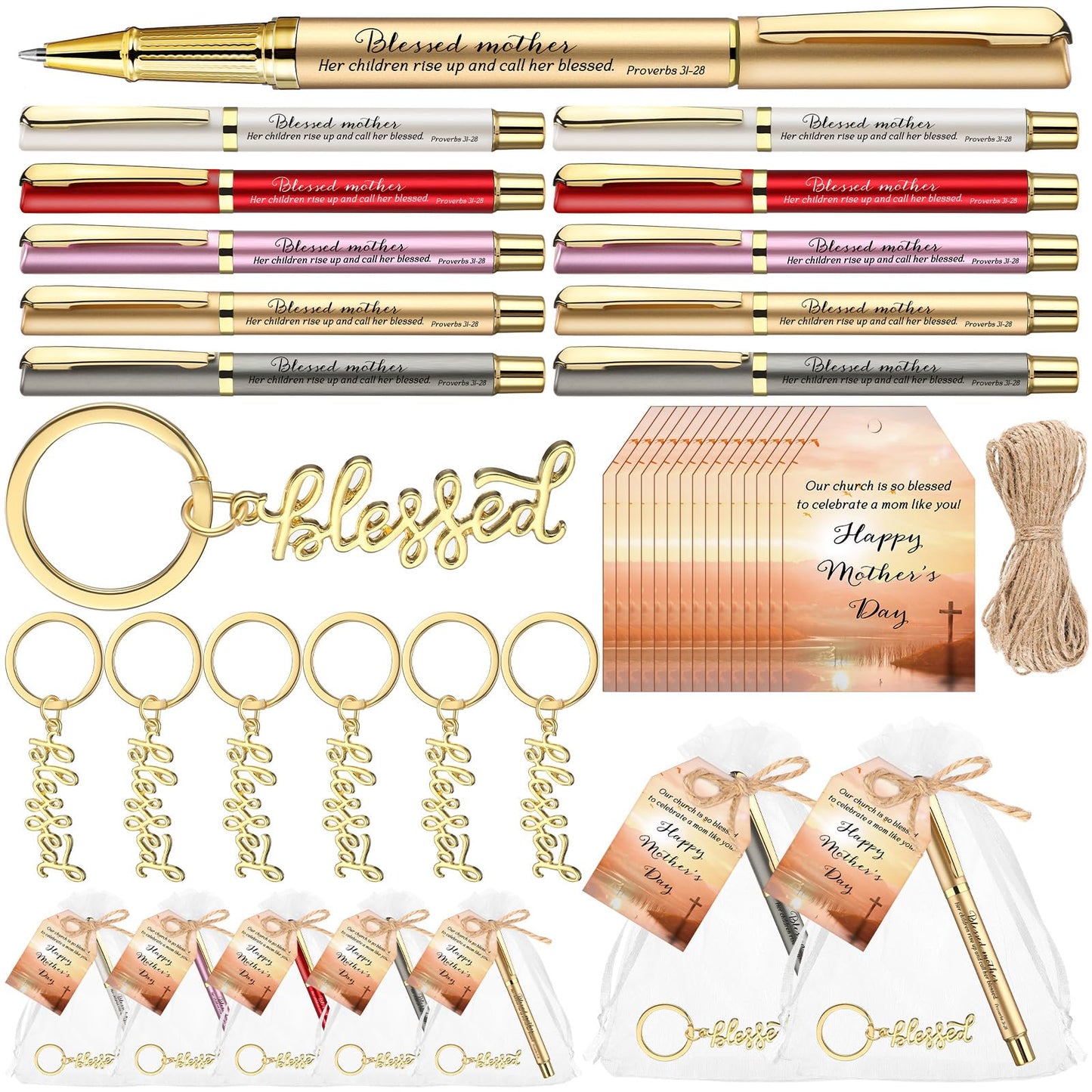 Spakon 100 Sets Church Gift Bulk for Mothers Day Blessed Bible Verse Ballpoint Pens Blessed Keychain Christian Cross Happy Mother's Day Tag for Godmother