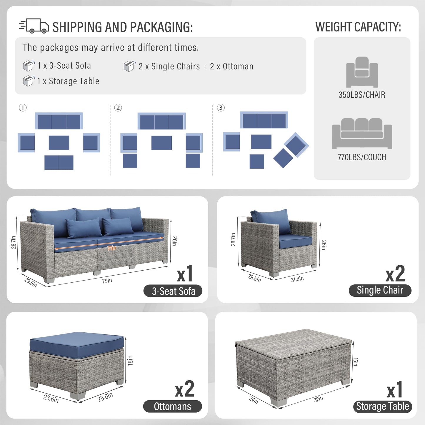 WAROOM Patio Furniture Set 6 Piece PE Rattan Outdoor Conversation Sets Grey Wicker Couch Sectional Sofa with Storage Coffee Table and Navy Blue Cushion