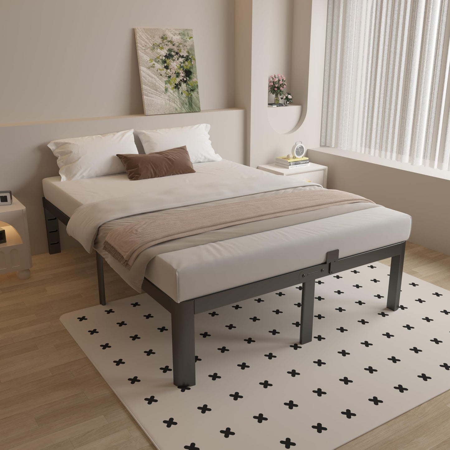 KOSOSO 16 Inch Bed Frame Queen Size with Metal Gaskets, Black Queen Platform Bed Frame No Box Spring Needed, Heavy Duty Steel Support, Round Corner Design, Storage Space, Noiseless, Easy Assembly