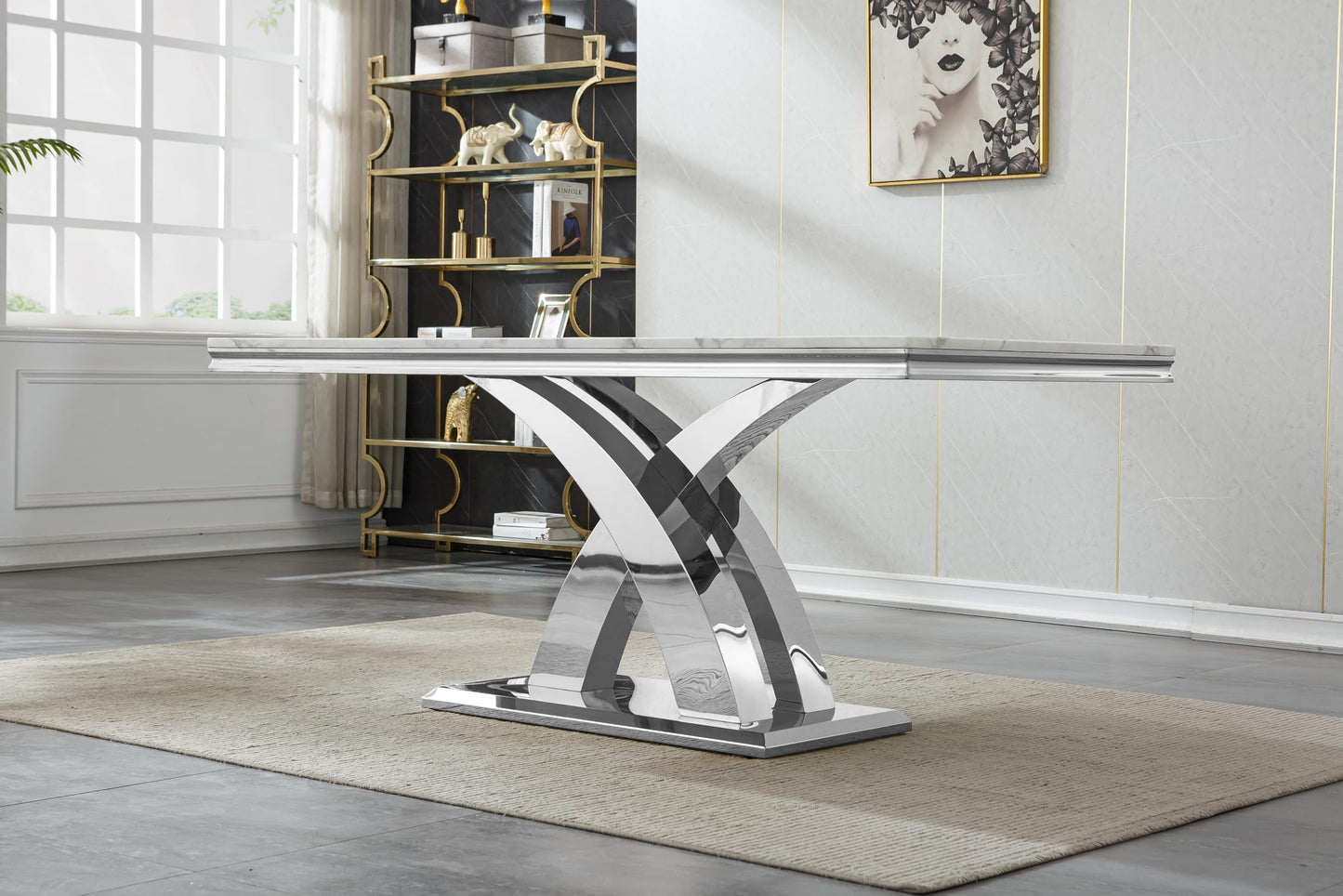 Pvillez 68.11" Marble Dining Table Set, White Dining Table with 6 Beige Velvet Chairs, Rectangle Kitchen Table and Chair Set with Silver Stainless Steel Base, Luxury 7 Piece Dining Set for Kitchen