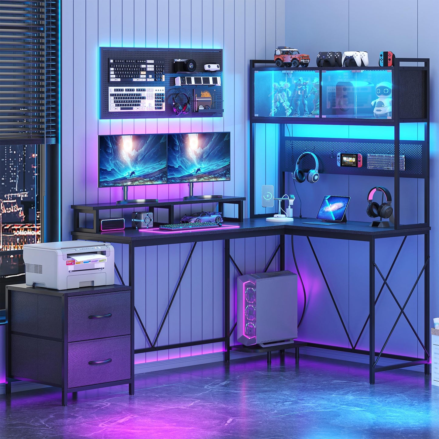 kepptory L Shaped Gaming Desk with DIY Pegboard, Home Office Computer Desk with Raised Display Stand, 2 Drawers and LED Glass Cabinets, Corner Desk with Printer Desktop&Power Outlet, Black