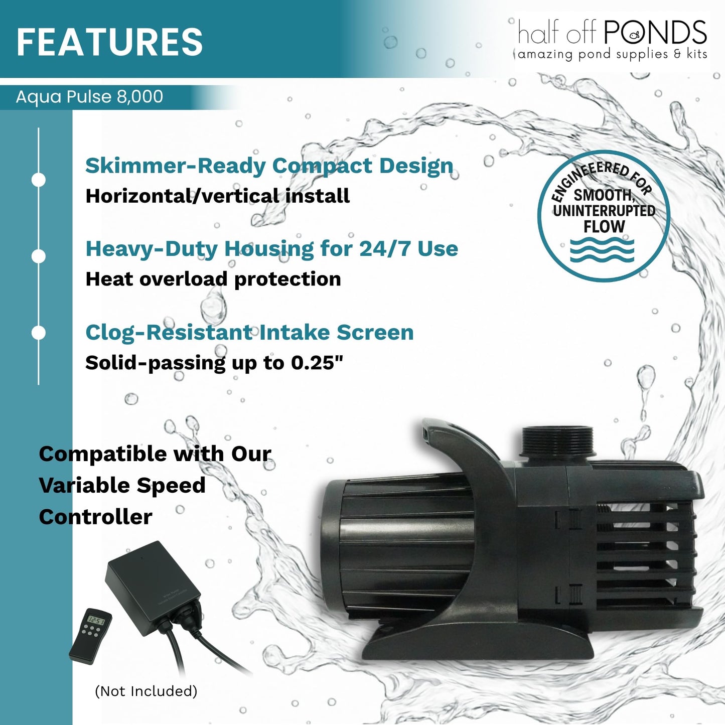 HALF OFF PONDS Submersible Water Pump, 8,000 GPH Pond Pump with 33FT Power Cord and 24FT Max Head, 540W Ultra Quiet Energy Efficient Pump for Koi Pond, Fountain, Waterfall, Water Garden, Skimmer