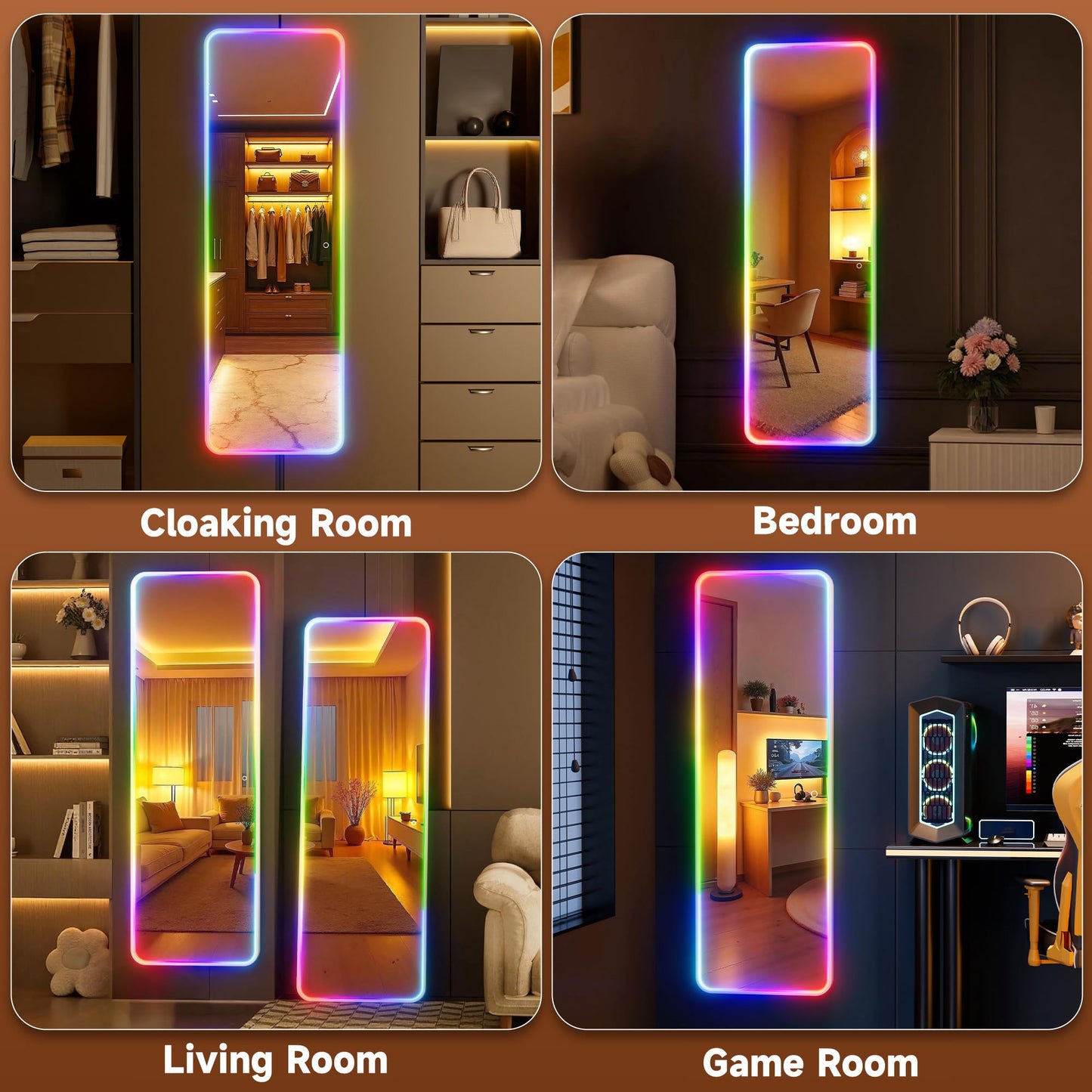 Hasipu 55"x16"LED RGB Door Mirror Full Length with Bluetooth Speaker, Full Body Full Length Over The Door Mirror with Lights, Door Hanging & Wall Mounted Mirror for Bedroom, Living Room, Cloakroom