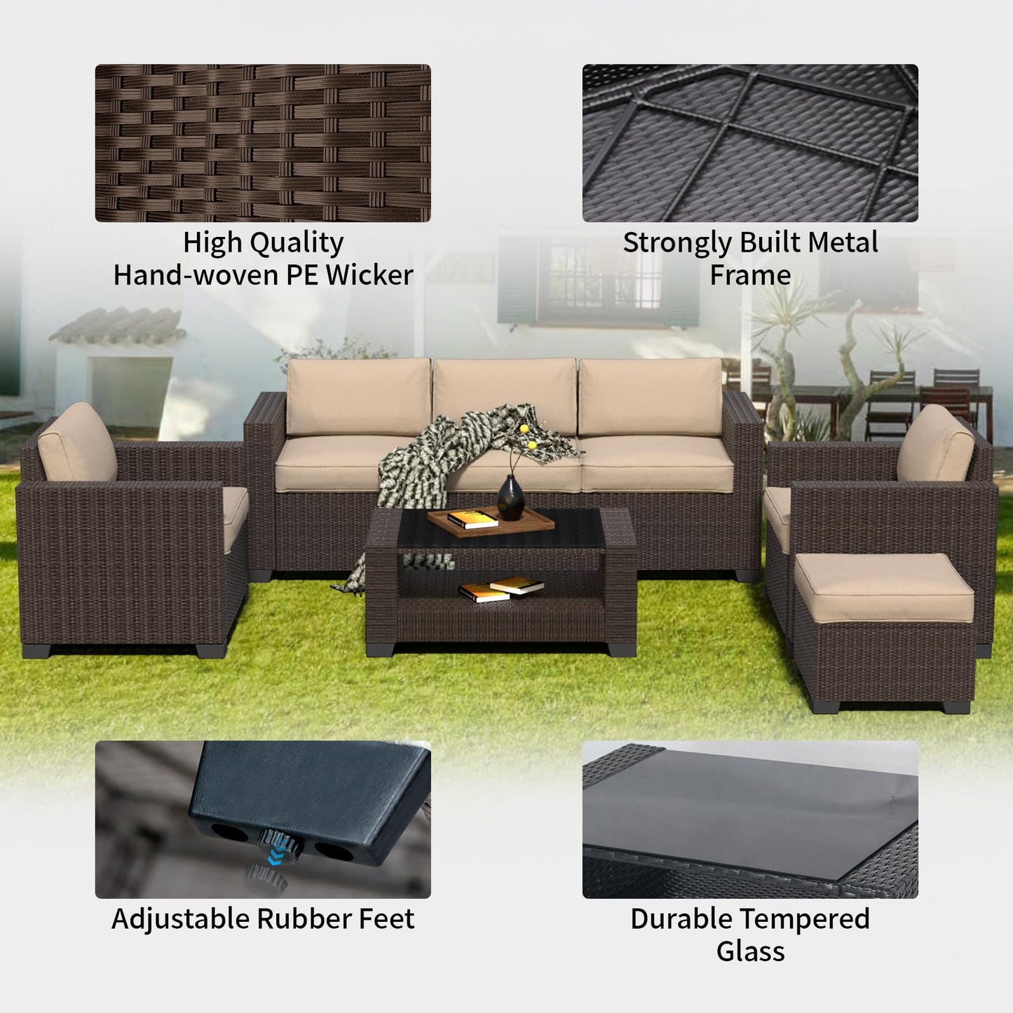 7 Pieces Patio Furniture Set Wicker Outdoor Furniture All-Weather Outdoor Sofa with Thick Cushions & Coffee Table Patio Conversation Set for Lawn, Patio, Balcony, Deck, Poolside, Brown&Beige