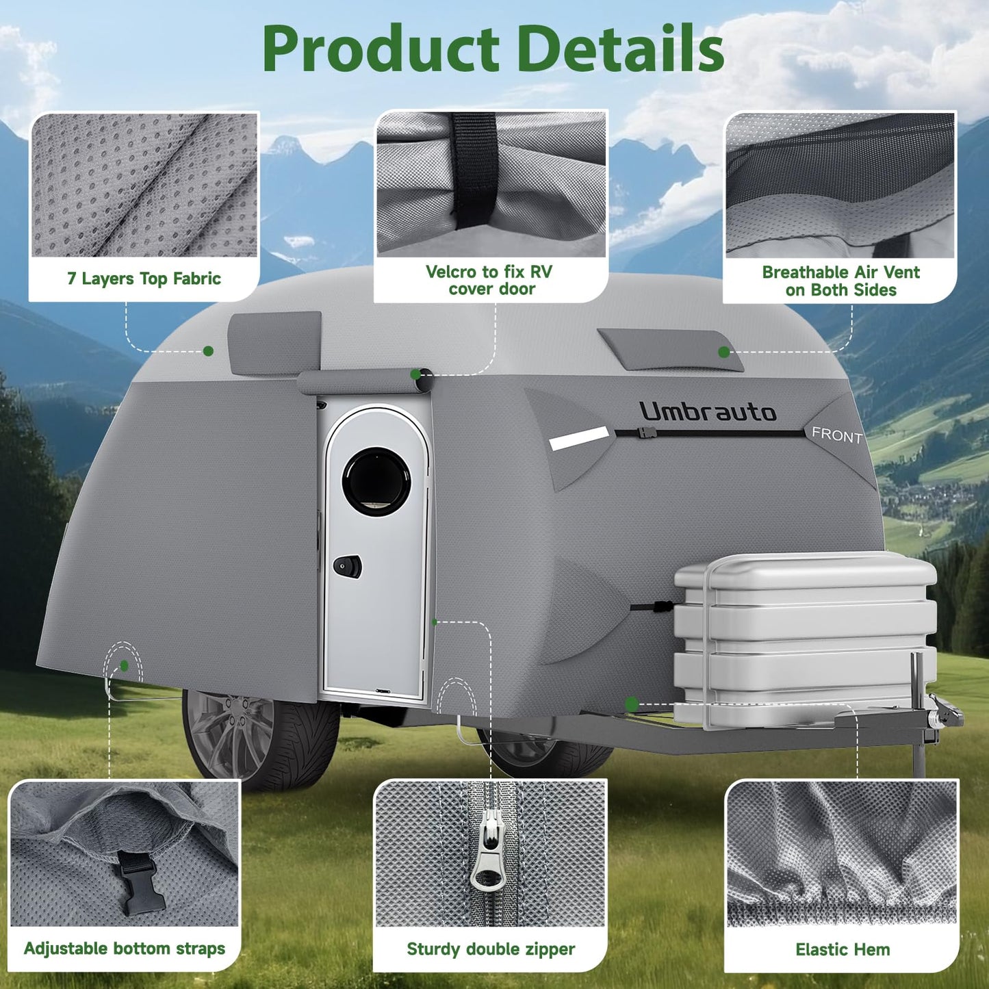 Umbrauto Teardrop Travel Trailer Cover Fits 10'-12' Trailers, 7 Layers Top Heavy Duty Waterproof Camper Cover with Windproof Strap for R-Pod Trailers, Clamshell Trailers