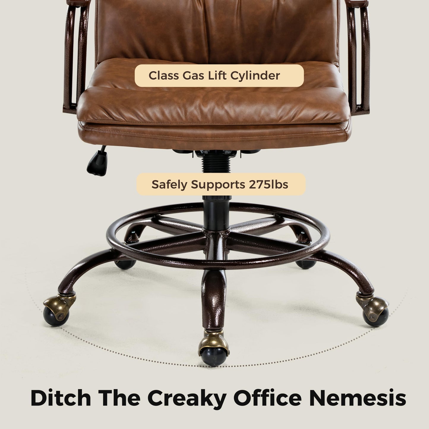 EUREKA ERGONOMIC Mid-Century Vintage Office Chair, Faux Leather Executive Desk Chair with Unique Ball Casters and Fixed Footrest Ring, Brown Retro Swivel Chair for Home Office and Study, Brown