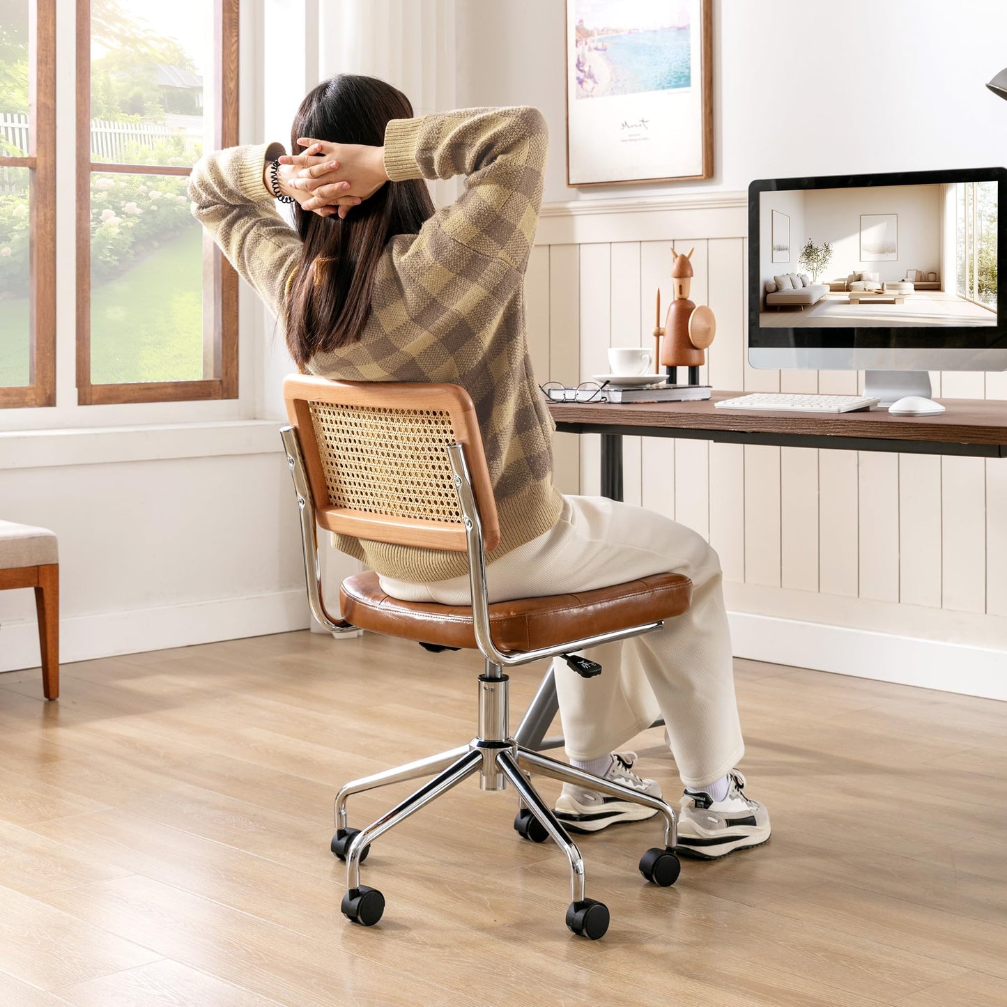 Zesthouse Mid Century Home Office Chair Leather Desk Chair with Rattan Back, Vanity Chair for Girls Women, Upholstered Swivel Chair, Adjustable Height Computer Task Chair