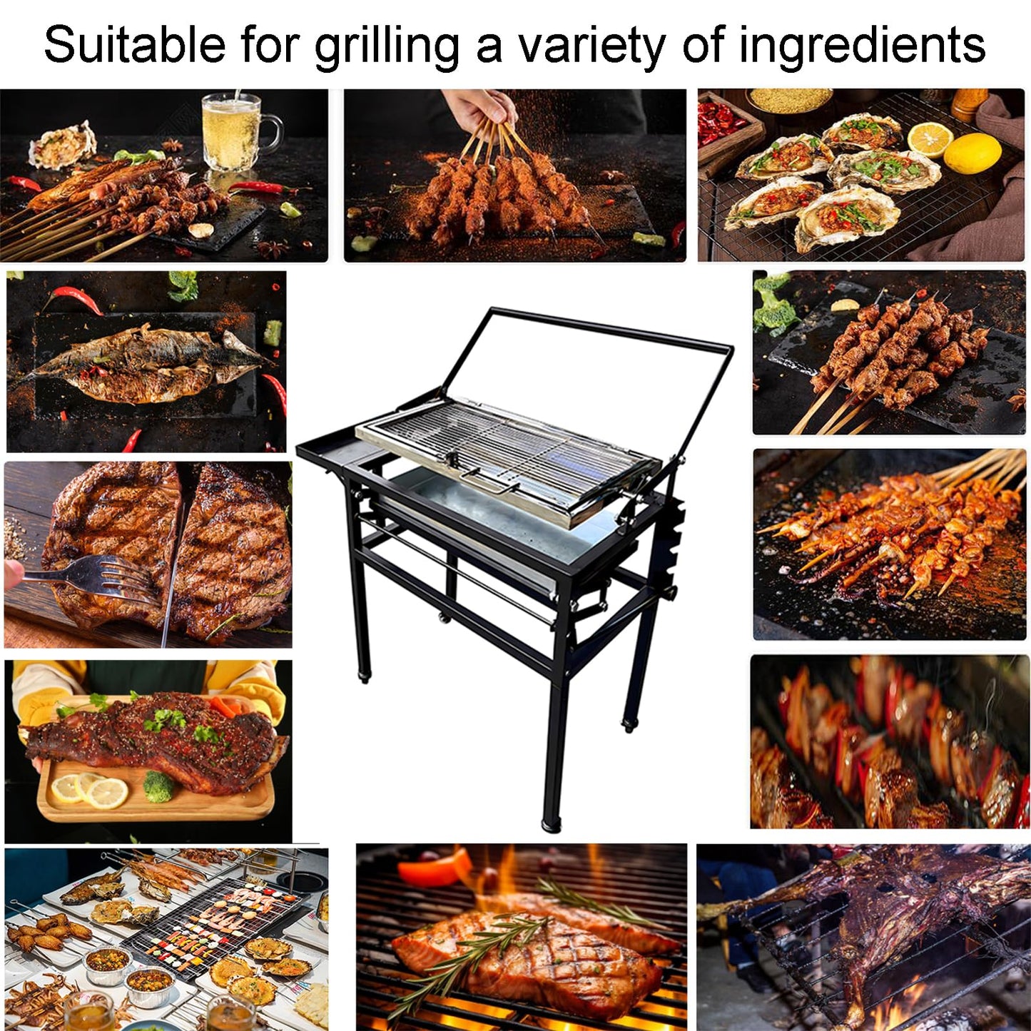 BBQ Charcoal Grill with Cart, Heavy Duty Square Outdoor Detachable Portable Grill, 360° Rotating Cooking Grid Stand-up Grills with Wheels for Camping Garden Commercial Barbeque