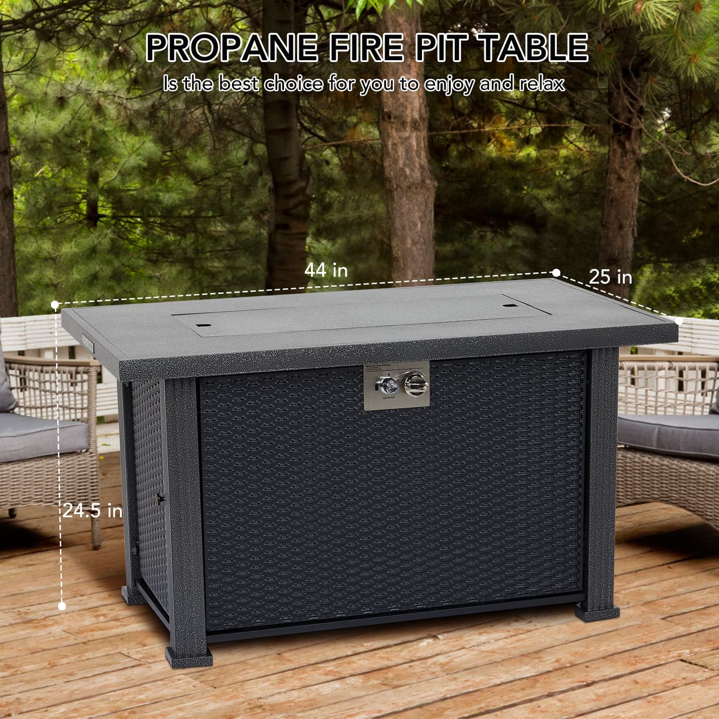 44 in Propane Fire Pit Table, 50000BTU Rectangle Fire Table with Cover & Rain Cover, Sturdy Steel and Iron Fence Surface, CSA Safety Certified, Companion for Your Garden