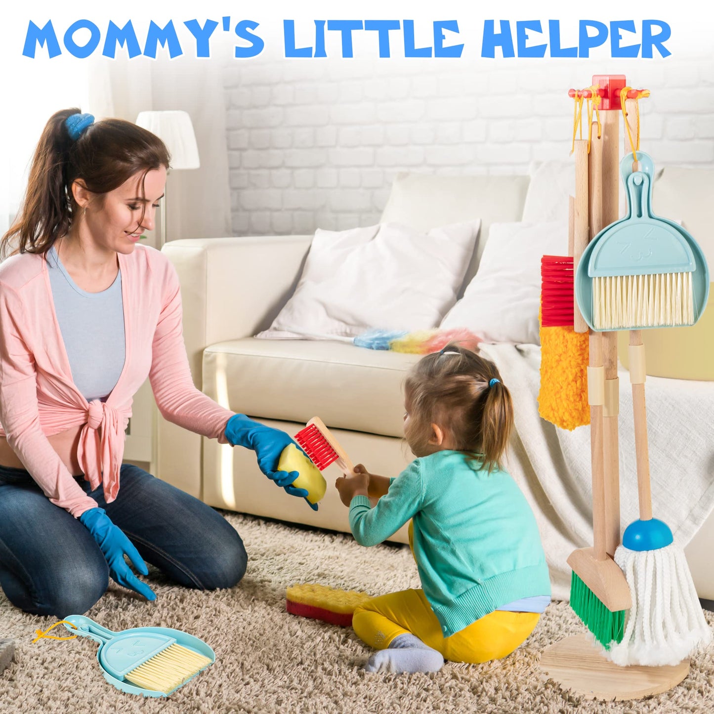 Wooden Kids Cleaning Set for Toddlers,8 Pieces Montessori Cleaning Toys with Kids Broom and Mop Set, Housework Pretend Play Toy Gift for Boys Girls Ages 3+