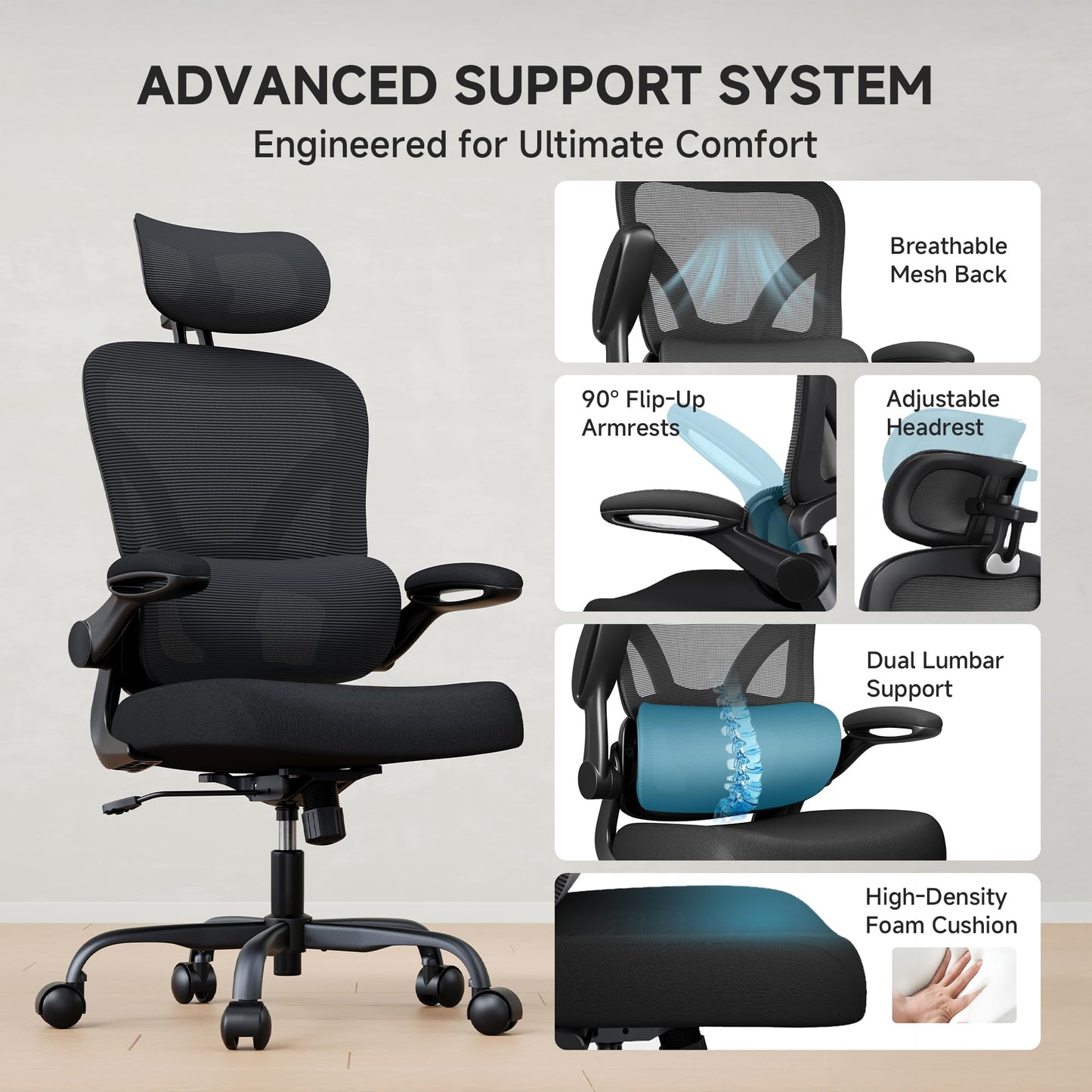 PKPT Ergonomic Office Chair, 330LBS Desk Chair with 3-Level Lumbar Support & Headrest, Breathable Mesh Backrest, Flip-Up Armrests for Home Office and Gaming, Black