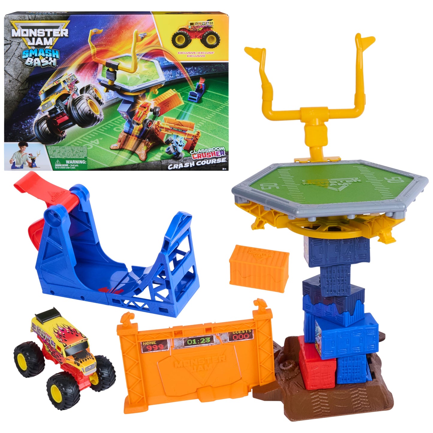 Monster Jam Smash & Bash Crash Course Playset with Launcher, Exclusive 1:64 Scale Monster Truck, 16-inch Obstacle Tower with Trampoline, Kids Toys for Boy and Girls Ages 3 and up