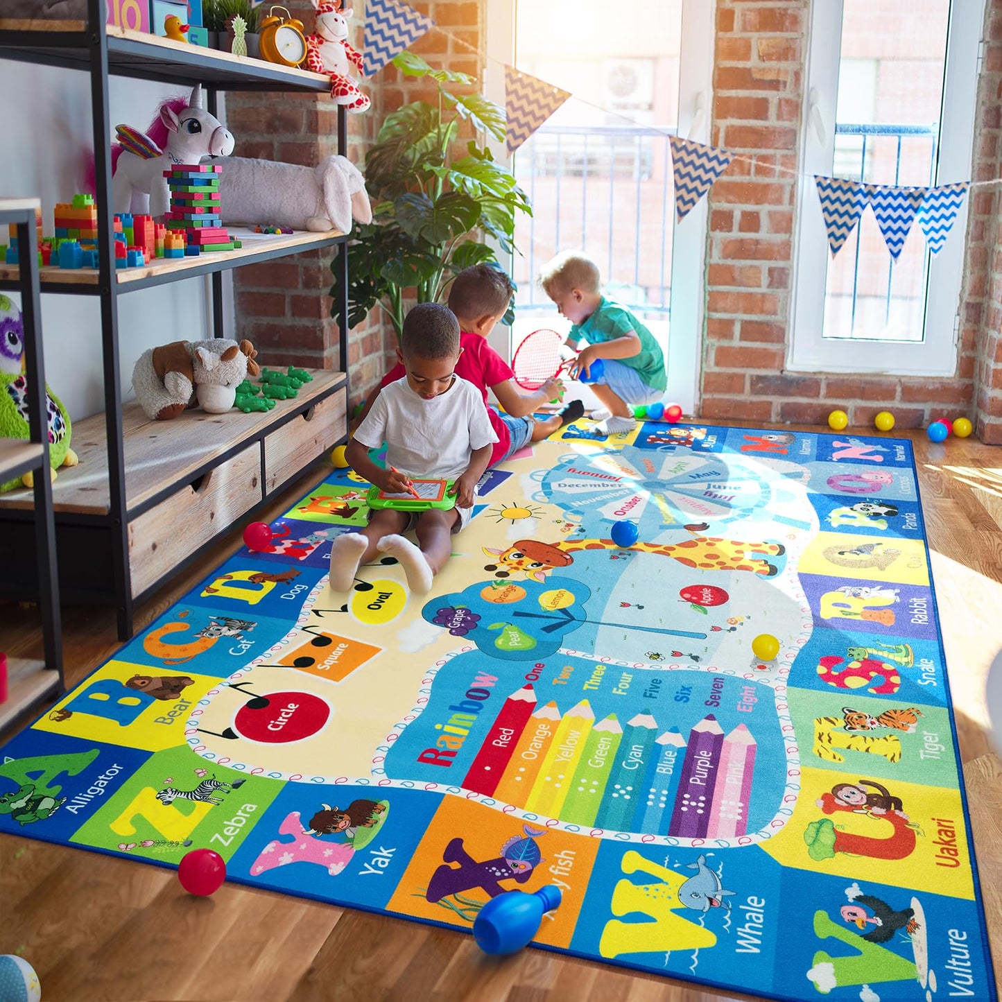 B BENRON 4x6 Playroom Rugs for Kids Washable, Educational and Fun Playmat with ABC Alphabet Animals Shapes Colors, Non-Slip Play Mat Learning Rugs for Baby Toddler Children Game Activity, Blue