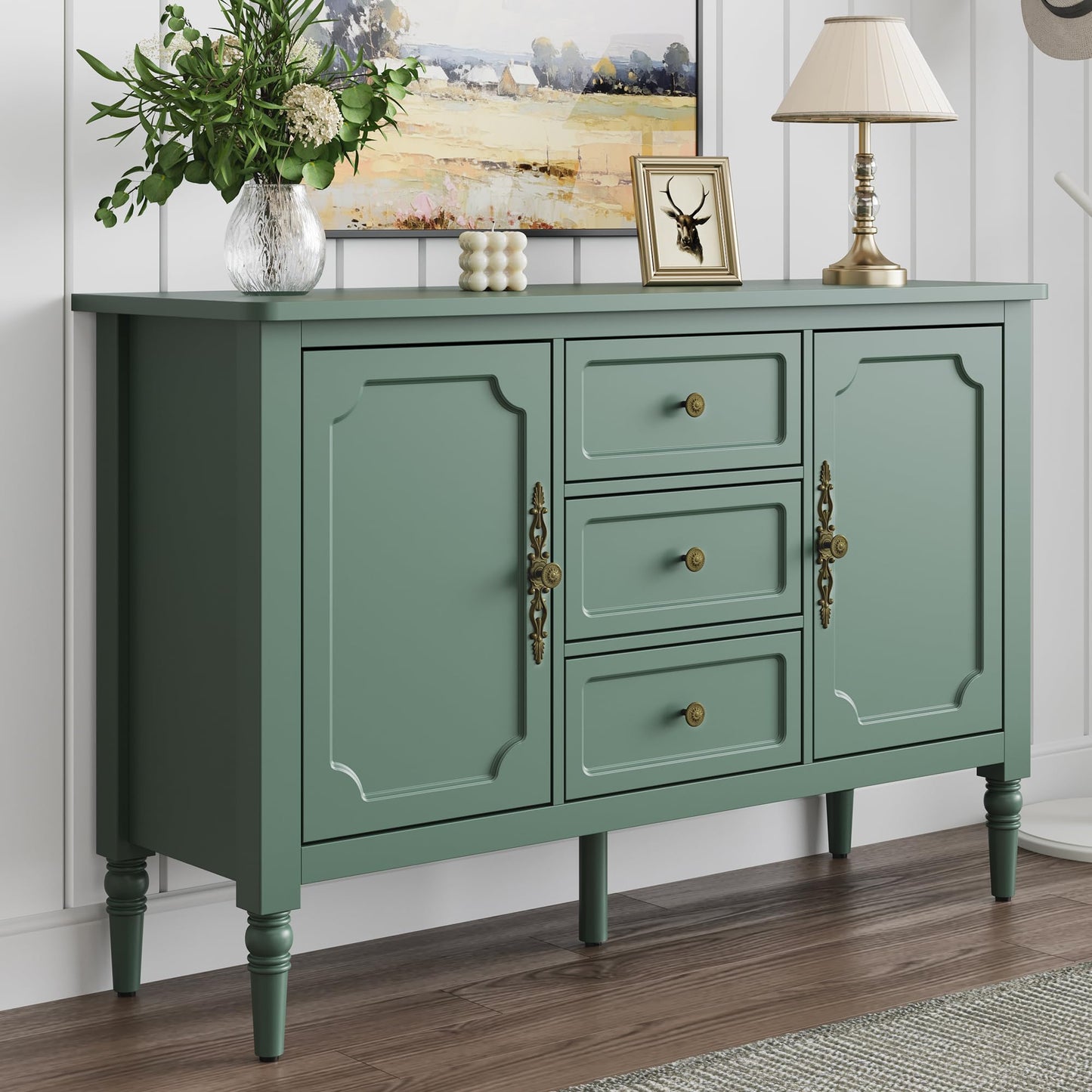 FansaFurn Green Storage Cabinet, Mid-Century Buffet Cabinet with 2 Doors & 3 Drawers, Accent Sideboard Cabinet with Adjustable Shelves & Turned Legs, Great for Entryway, Living Room, Dining Room