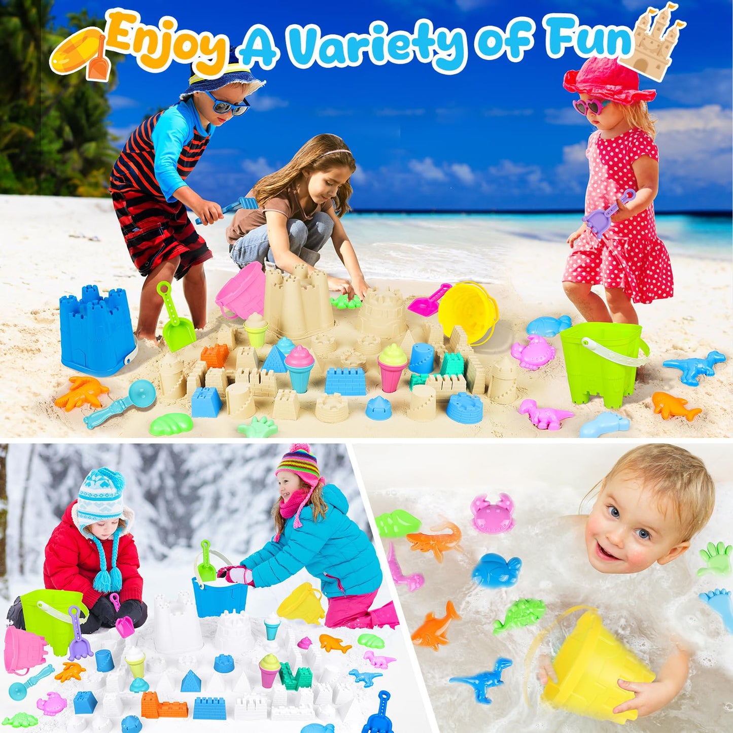 REZUCREY Beach Toys for Kids Toddlers, Sand Castle Toys with 4 Sand Bucket and Shovels, Mesh Bag & Molds, Ice Cream Travel Sandbox for Beach Sandbox for Toddlers Kids Baby Boys Girls Age 3-10