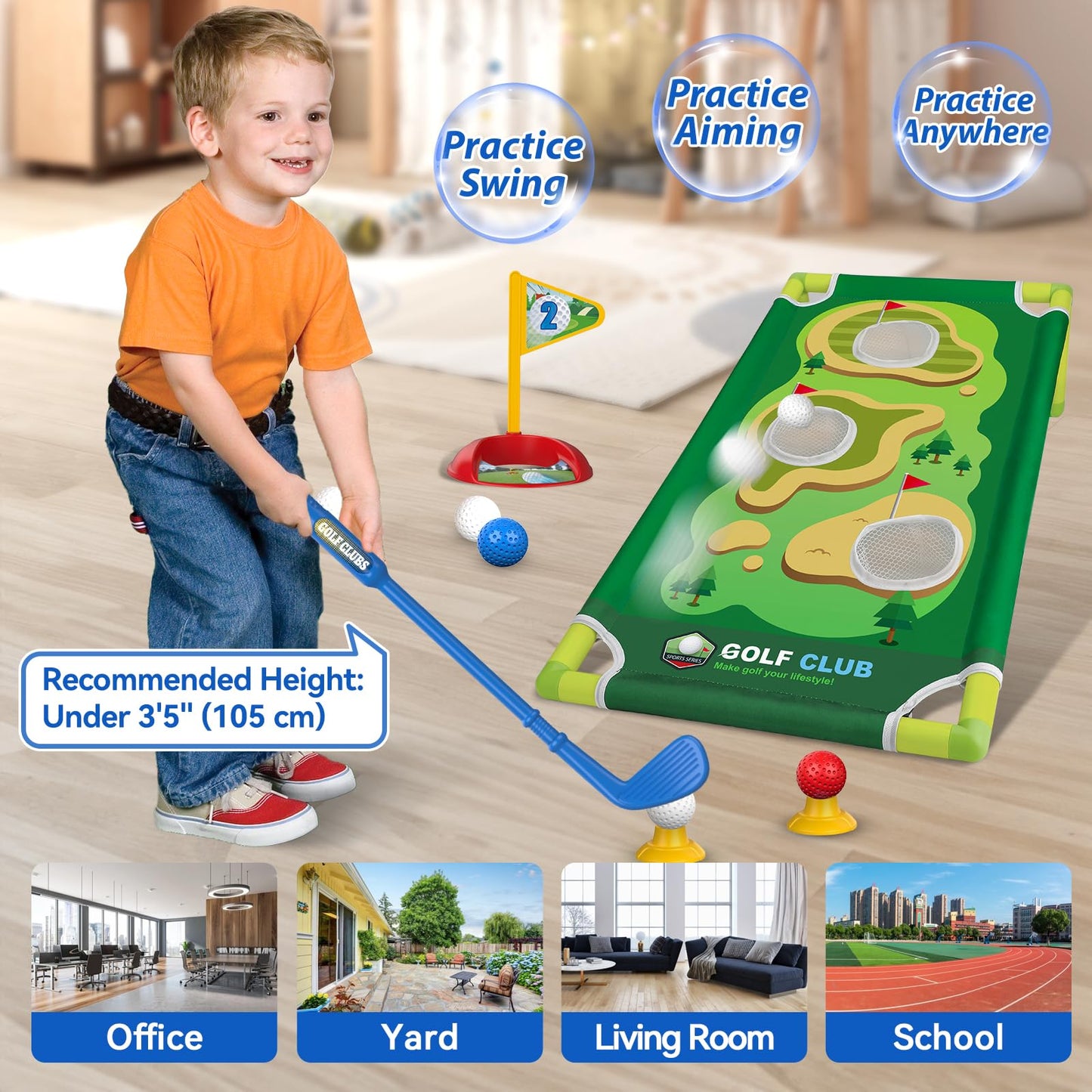 Liberry Toddler Golf Set for 2 3 4 5 Years Old Boys Girls, Upgraded Kids Golf Cart with Golf Cornhole Board & Putting Mat, Indoor and Outdoor Golf Toys Birthday Gifts