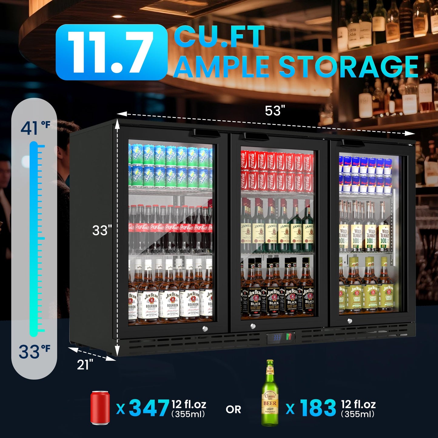 Coolake 53" Back Bar Cooler with 3 Glass Doors, 11.7 cu.ft Commercial Under Counter Height Beverage Refrigerator, Stainless Steel Beer Fridge with LED Lighting for Soda Drinks, Beer, Wine
