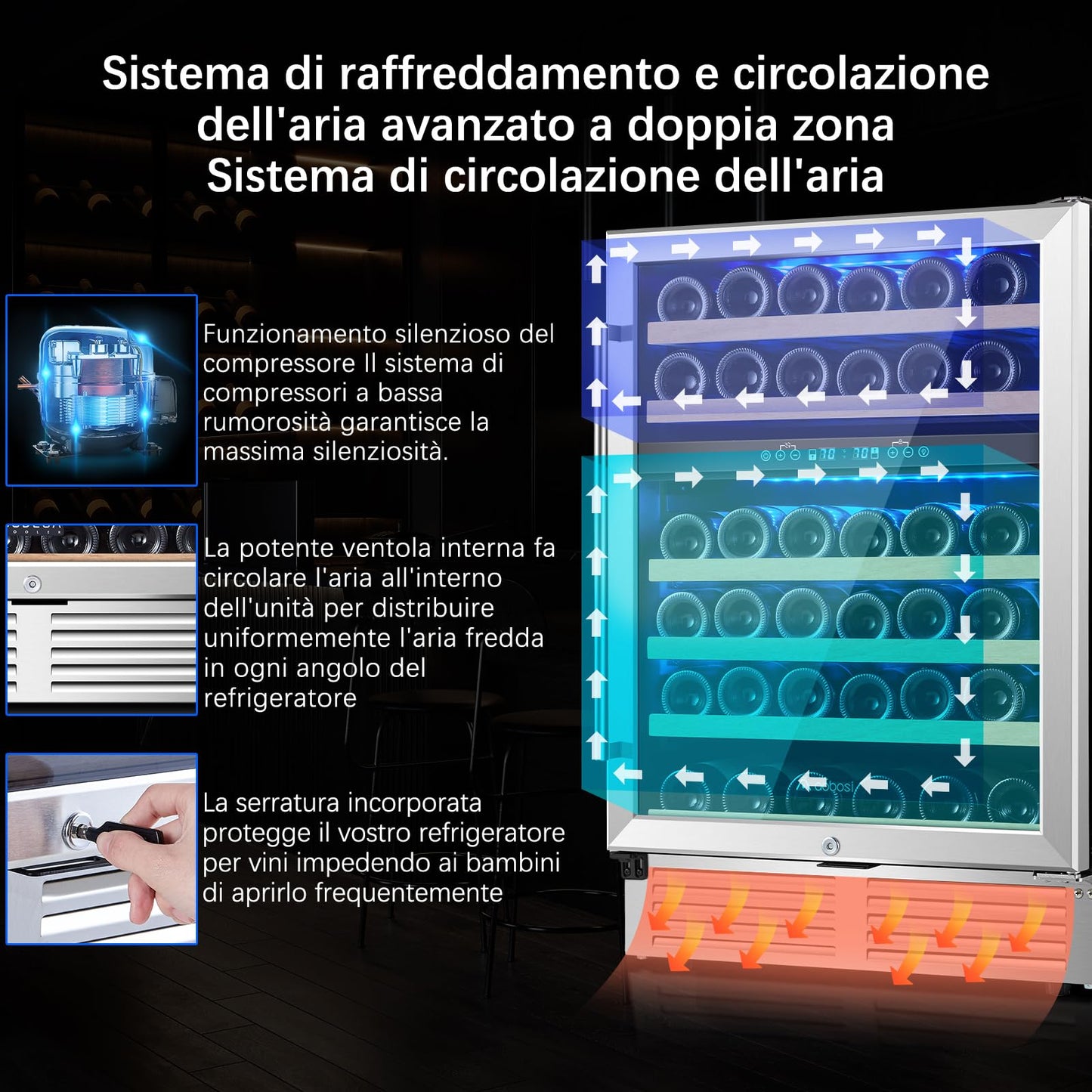 AAOBOSI 46 Bottles Wine Fridge, 24 Inch Wine Cooler with Dual Zone, Freestanding and Built-in Wine Refrigerator with Blue LED Light and Adjustable Shelves