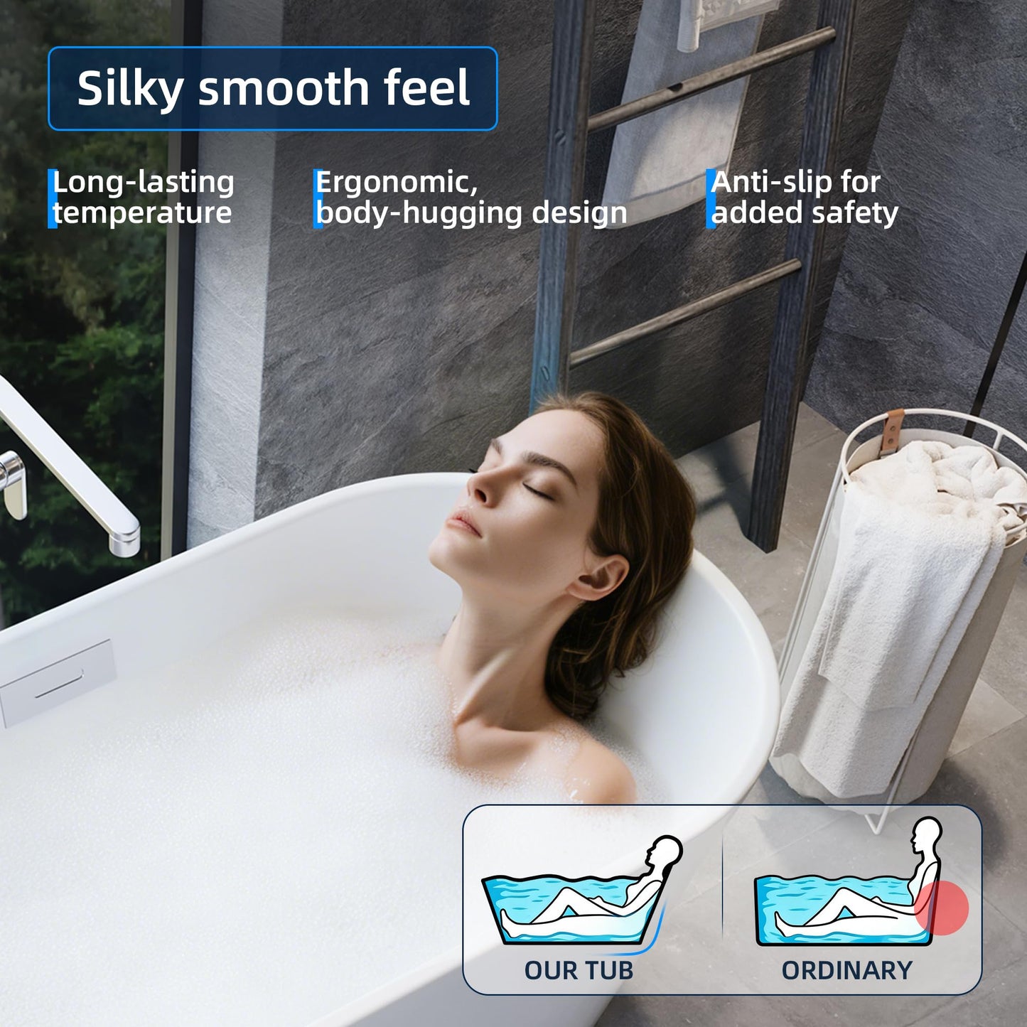 59'' Freestanding Bathtub, Deep Soaking Tub for Adults, Stand Alone Tub with Integrated Overflow Drain, cUPC Certified Modern Bathroom Tub, Acrylic, White