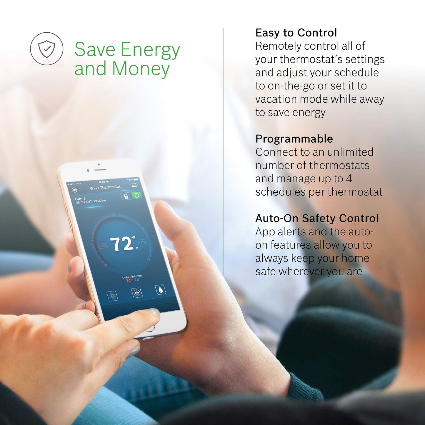 Bosch Large 5-Inch Full-Color Touch Screen Sleek Easy Setup Connected Control Smart Phone Wi-Fi Thermostat for 24V HVAC Systems with Bosch Connected Control App
