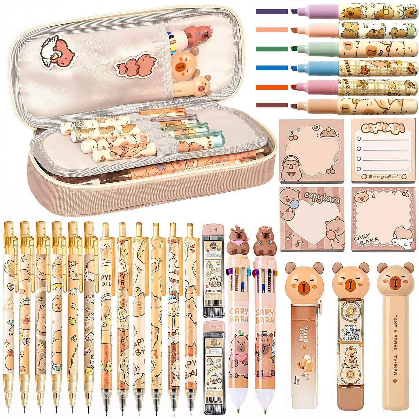 Capybara Stationery Set,Cute Capybara School Supplies,Kawaii Stationery Birthday Gifts,Includes Ballpoint Pens,Eraser, Mechanical Pencils,Correction Tape,Gel Pens,Scissors,for Office School Supplies