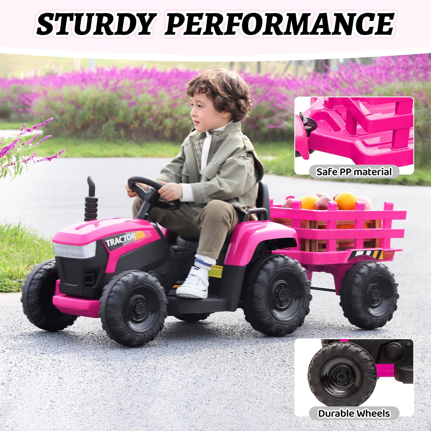 TOBBI Kids Electric Ride On Toy Tractor, Toddlers 12V Battery-Powered Car to Drive, 35W Dual Motor 6-Wheels Trailer Vehicle with 3-Speeds/LED & Horn Functions for Chirdren Aged 3-8-Pink