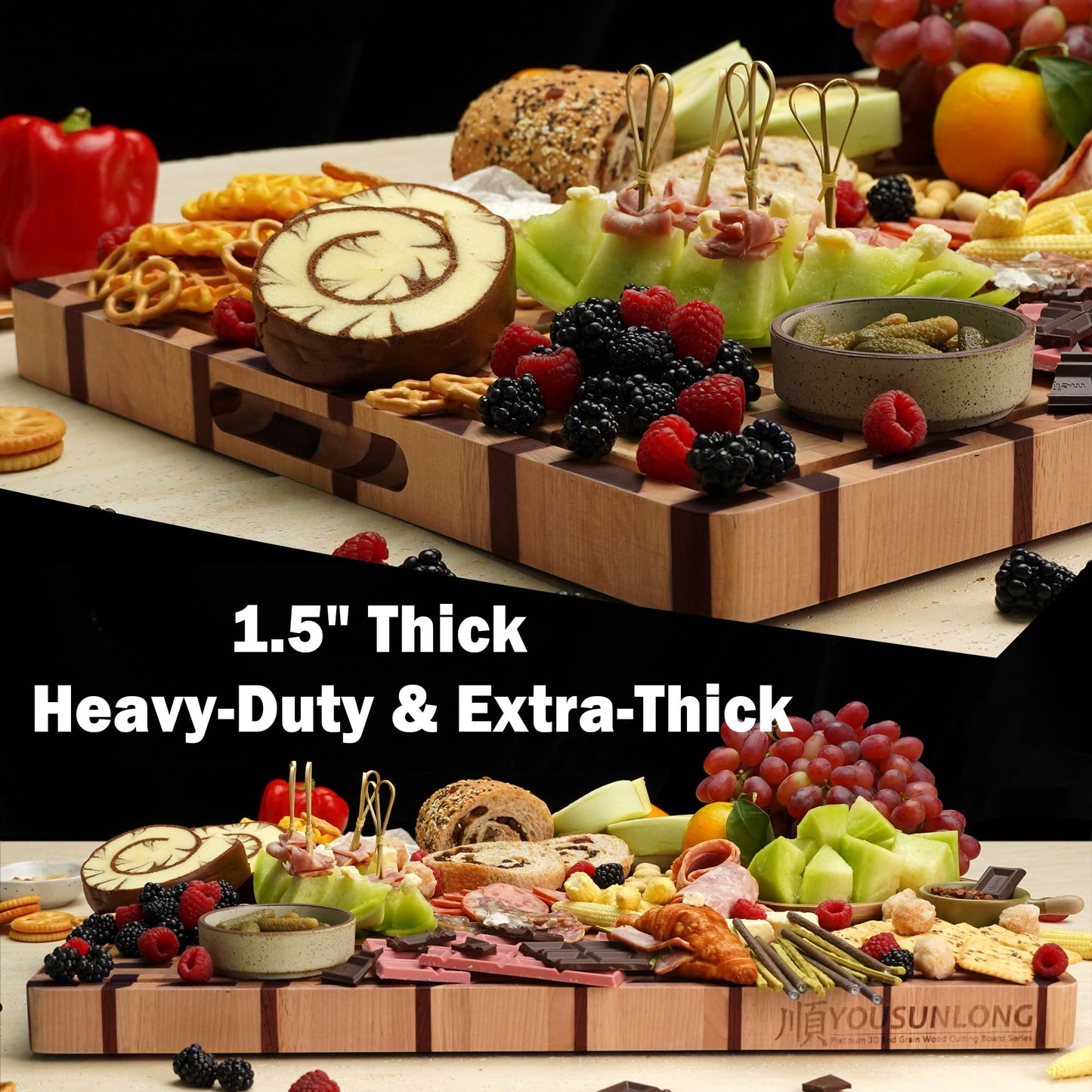 YOUSUNLONG End Grain Cutting Board - 3D Zigzag Pattern Walnut & Maple Butcher Block XXL Brisket Board - 24"L x 18"W x 1.5" Thick w/Juice Groove and Handles - Barbecue Tray,Cooktop Board;Cheese Board