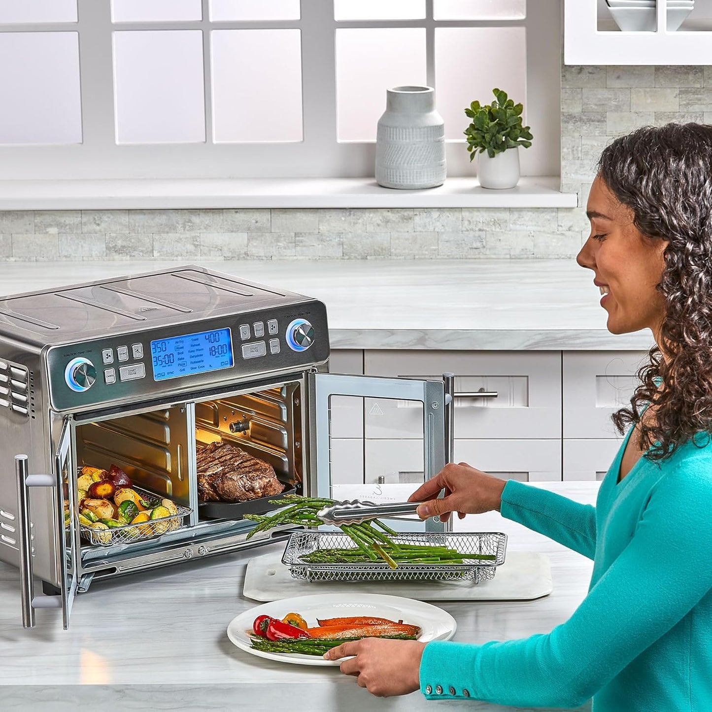 Emeril Lagasse Dual Zone 360 Air Fryer Oven Combo with French Door, 25 QT Extra Large, Cook Two Foods in Different Ways, Up to 60% Faster from Frozen to Finish, Pizza Stone Accessory