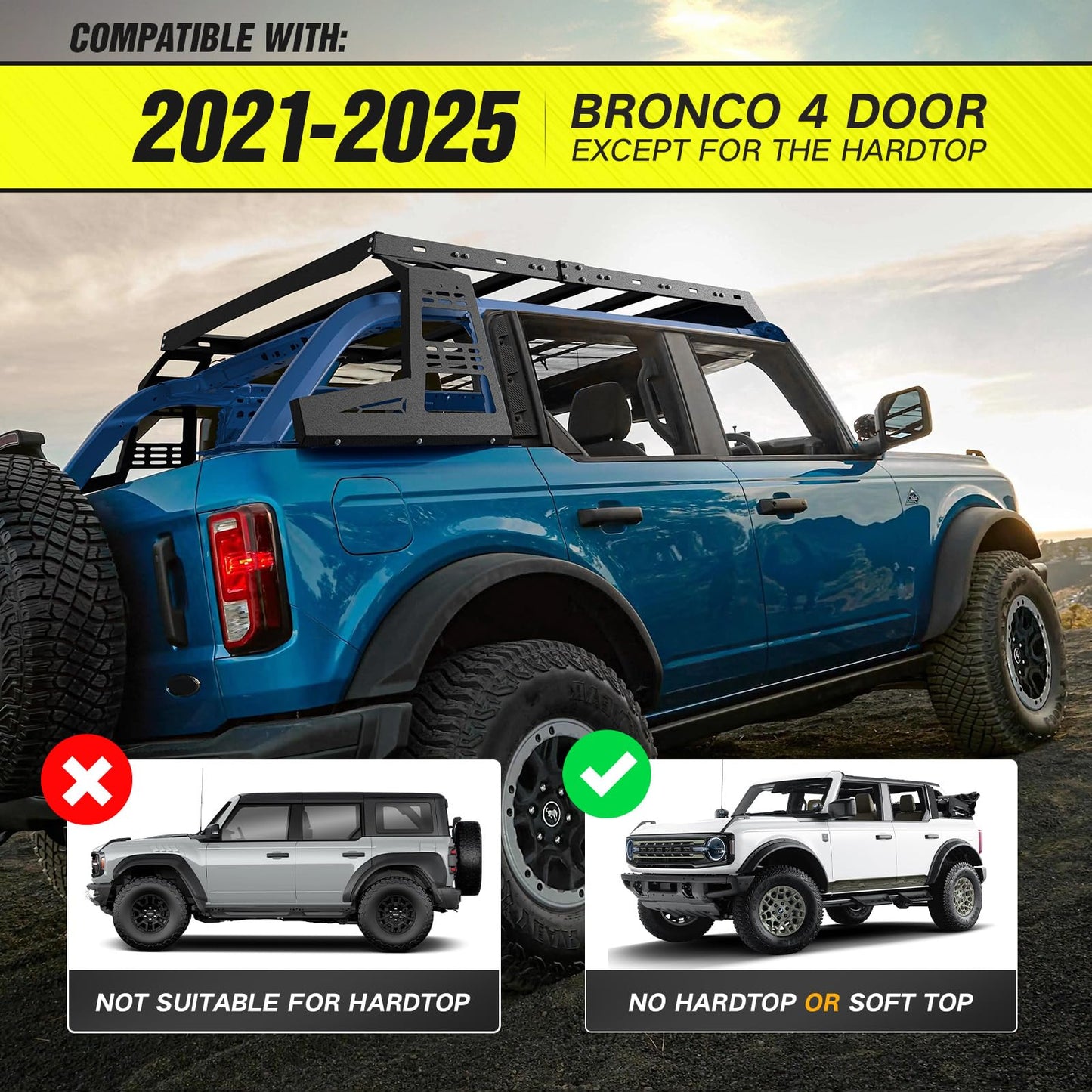 YZONA for Bronco Roof Rack Hard Top Cargo Basket with Rear Window Panel & 4 LED Lights Compatible with 2021-2026 Ford Bronco 4 Doors Soft Top and Removing Hardtop, Rooftop Rack Carrier Luggage Holder