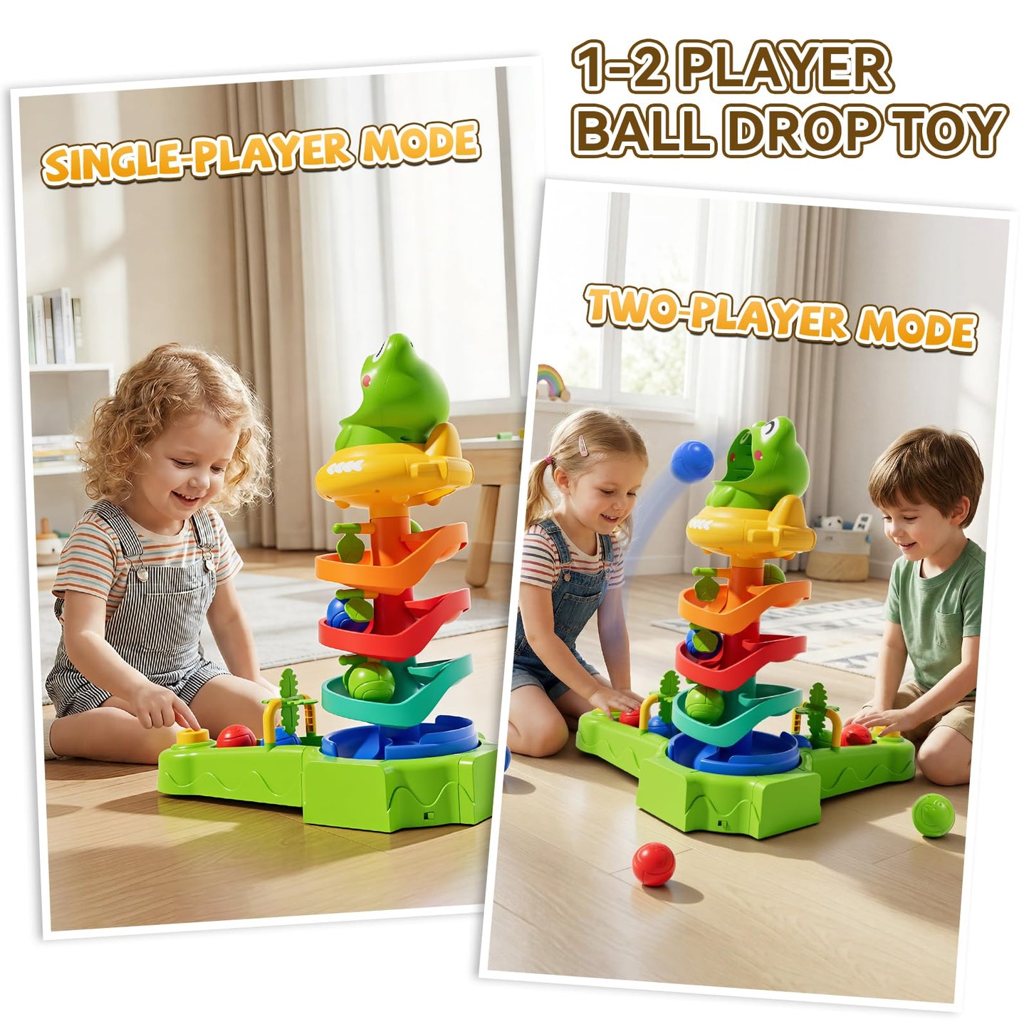 KNMDU Frog Ball Drop Toy for Kids, 5 Layer Roll Swirling Ball Tower with 12 Balls, Spin and Learn Shoot Balls Drop Montessori Toy, Gifts for Toddler Boys Girls 2 3 4 5 6 7 8+ Years Old (2 Player)