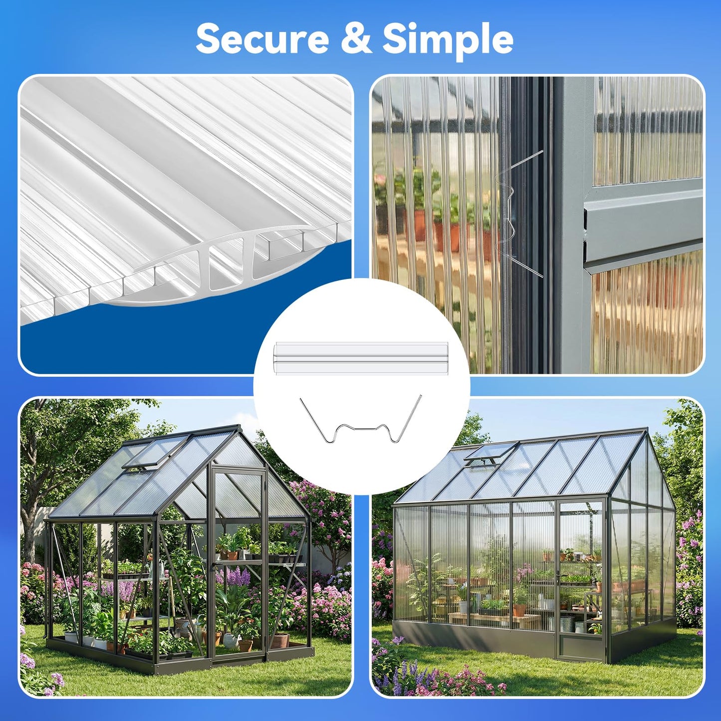 9 Pack Polycarbonate Greenhouse Panels, 6' x 4' x 0.16" Twin-Wall Polycarbonate Sheets Include 4 H Connectors and 25 W-Clips, Waterproof UV Protected Impact Resistance Clear Roofing Sheets for Garden