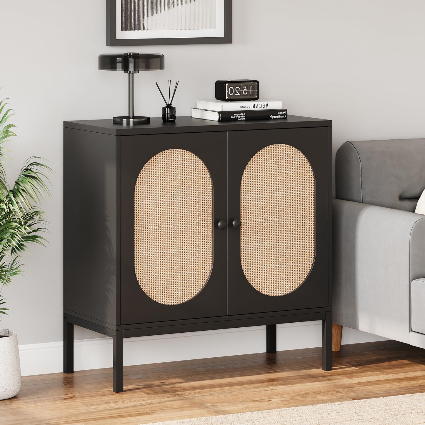 IDEALHOUSE Buffet Cabinet, Rattan Storage Cabinet with Doors and Shelves, Accent Cabinet Sideboard, Wood Console Cabinet with Storage Entryway Cabinet for Living Room, Dining Room, Hallway (Black)