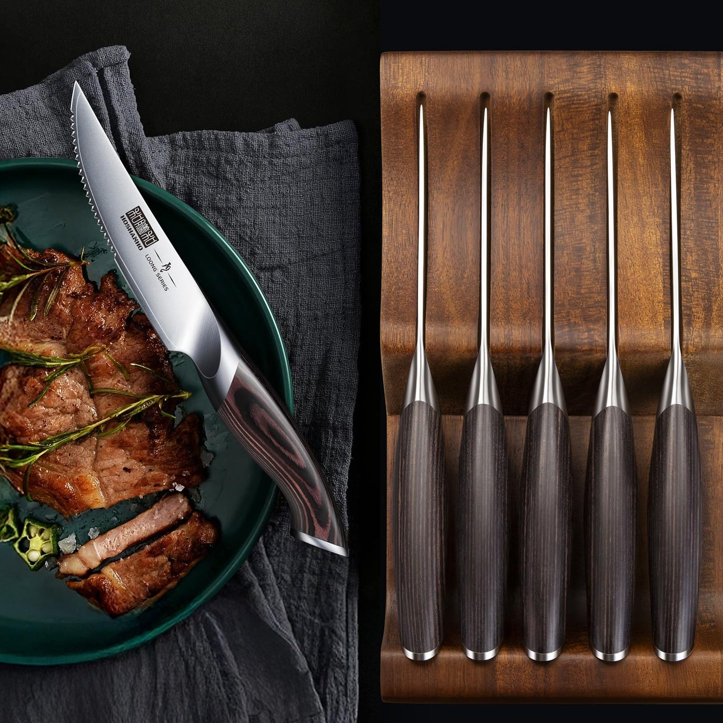 HOSHANHO Steak Knives Set of 7, 4.5 Inch Serrated Steak Knife Set with Block, Japanese High Carbon Steel Kitchen Steak Knives with Ergonomic Handle