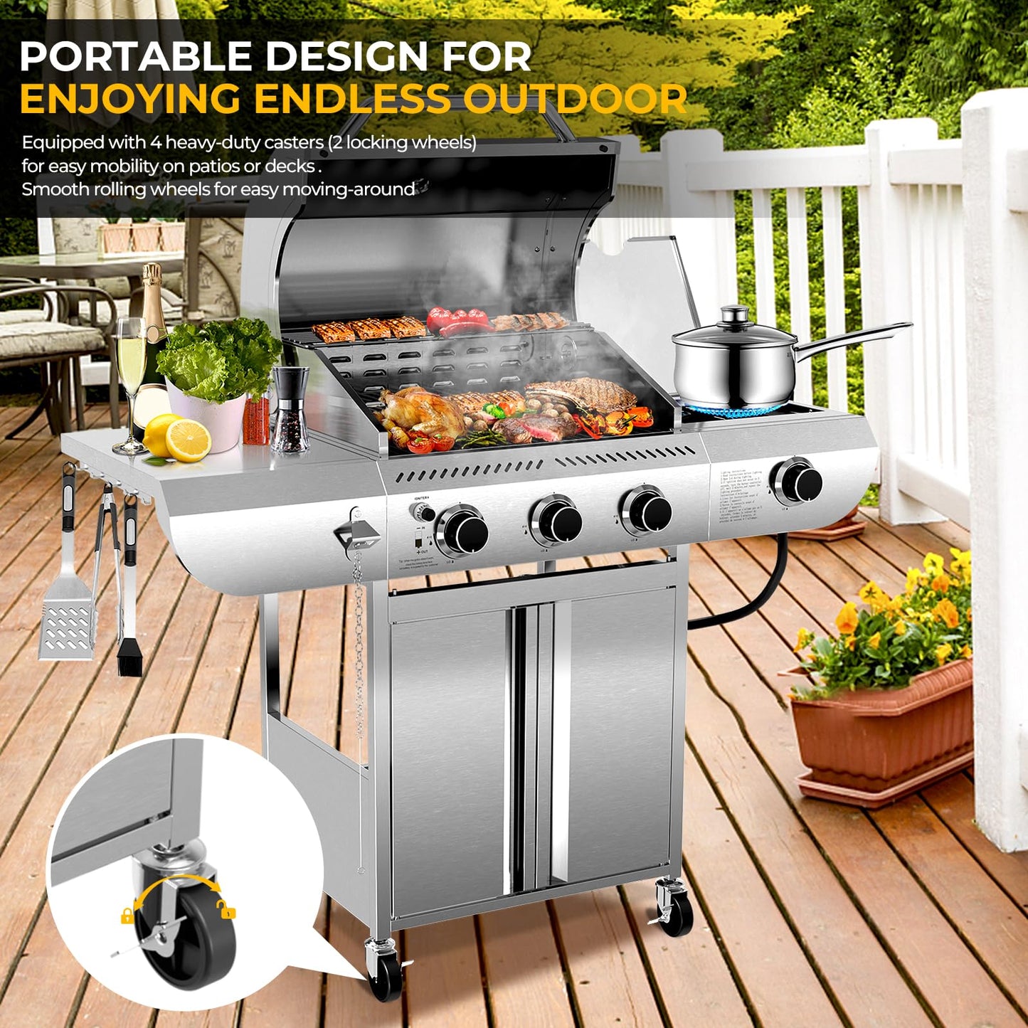 34,000 BTU 3-Burner Propane Gas Grill with Side Burner, All Stainless Steel BBQ Grill, Cast Iron Grates & Portable Cart with Wheels，Outdoor Barbecue Grill for Backyard, Patio, Camping