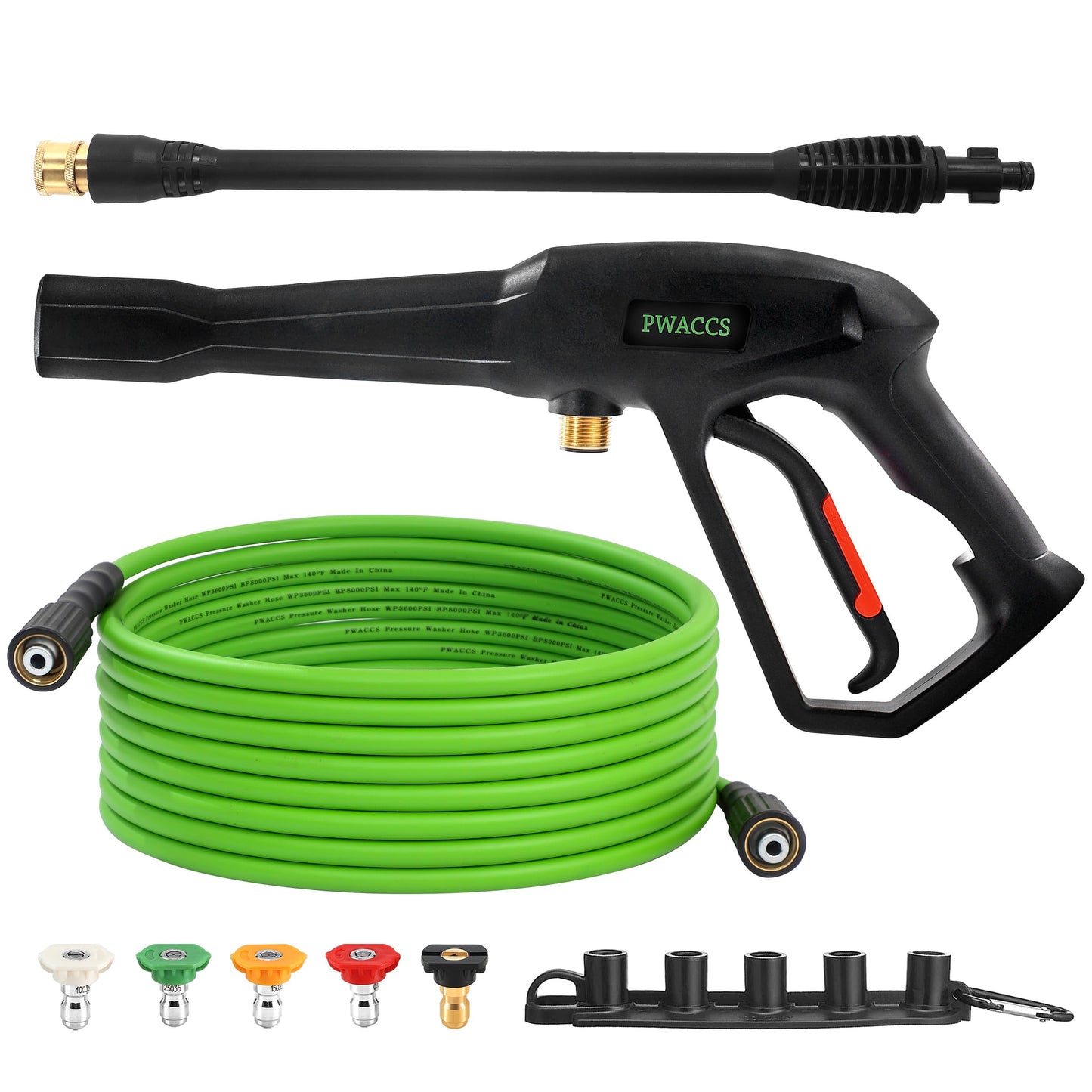 PWACCS Pressure Washer Gun and Hose Kit, 25 FT Power Washer Hose with Replacement Lance Wand, 5 Nozzle Tips, M22-14 Fitting, Compatible with Ryobi, Green Works & Karcher