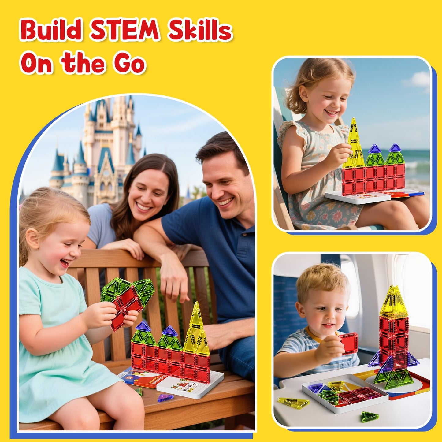 JSDKFJSA Magnetic Tiles Travel Toys with Storage Case, Portable STEM Building Blocks for 3-8 Year Olds, Toddler Airplane Activities & On-The-Go Birthday Gift for Boys & Girls