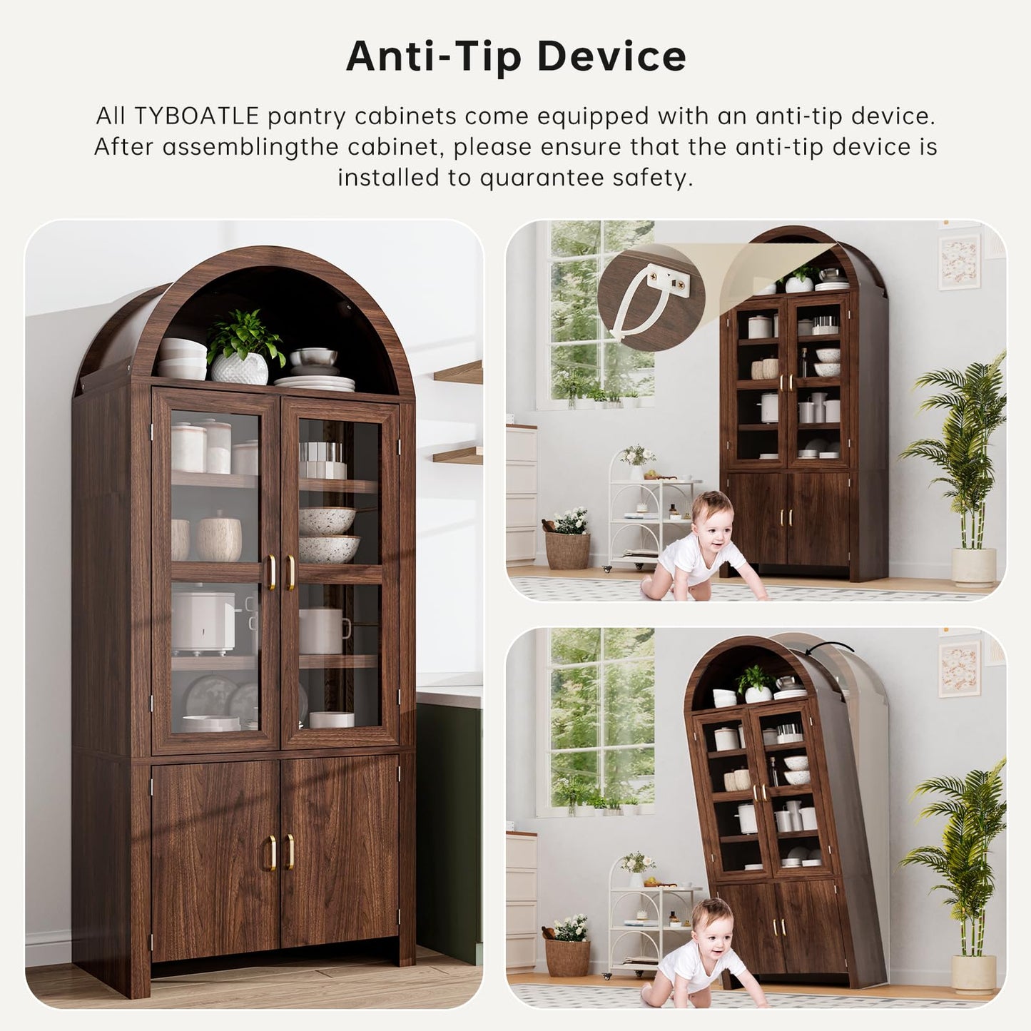 Breezestival 71" Tall Arched Kitchen Pantry Cabinet, Modern Farmhouse Wood Kitchens Storage Cabinets, Cupboard for Dining Room, Kitchen, Bathroom, Brown